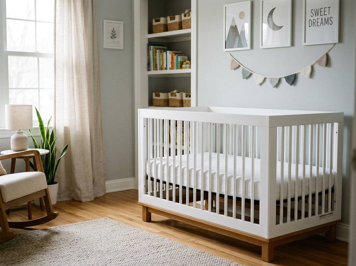 A bare white crib with a firm mattress against an inside wall, away from a window with sheer curtains