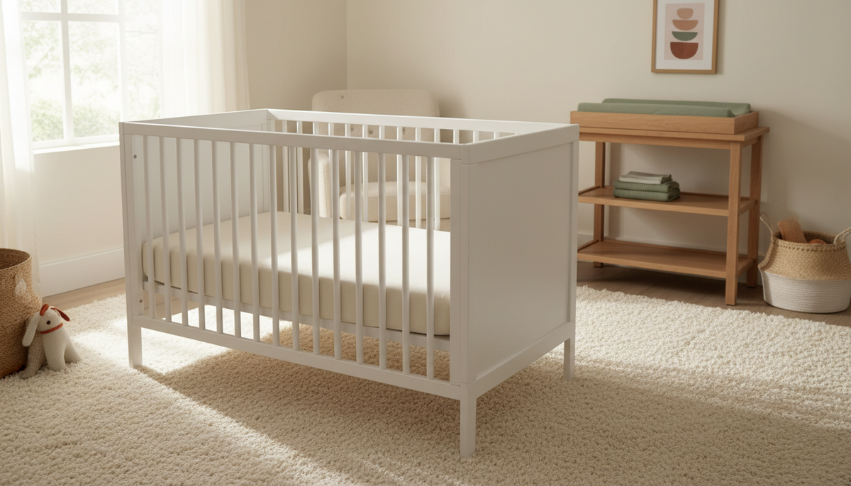 A wooden changing table with a railed contoured pad against the wall beside a bare white crib in a sunlit nursery