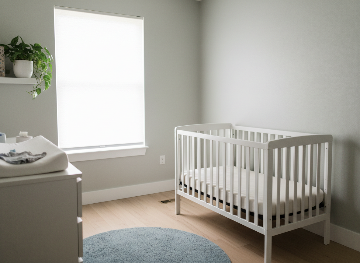 A white crib with a bare mattress against an inside nursery wall, with a cordless roller shade on the window
