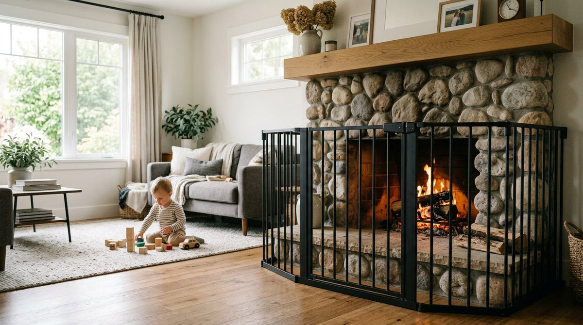 A black hearth gate wraps around a lit stone fireplace while a toddler plays with blocks across the room