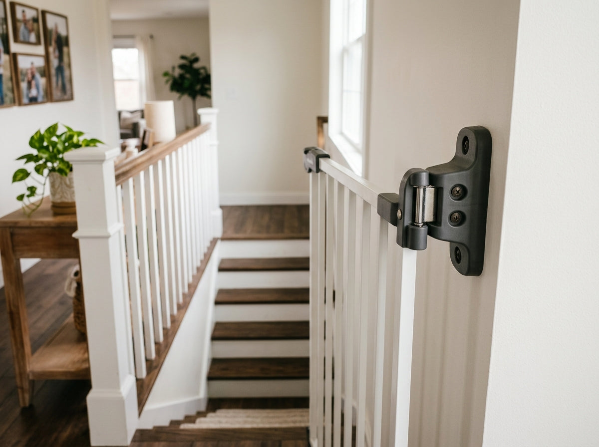 A white baby gate hinged on a black bracket screwed into the wall at the top of a staircase.