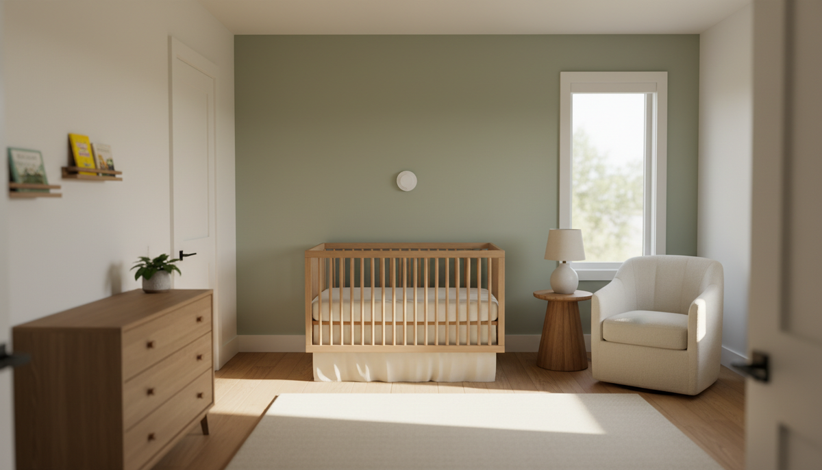 A calm nursery with a bare wooden crib against a sage wall, a round alarm above it, and daylight from a nearby window