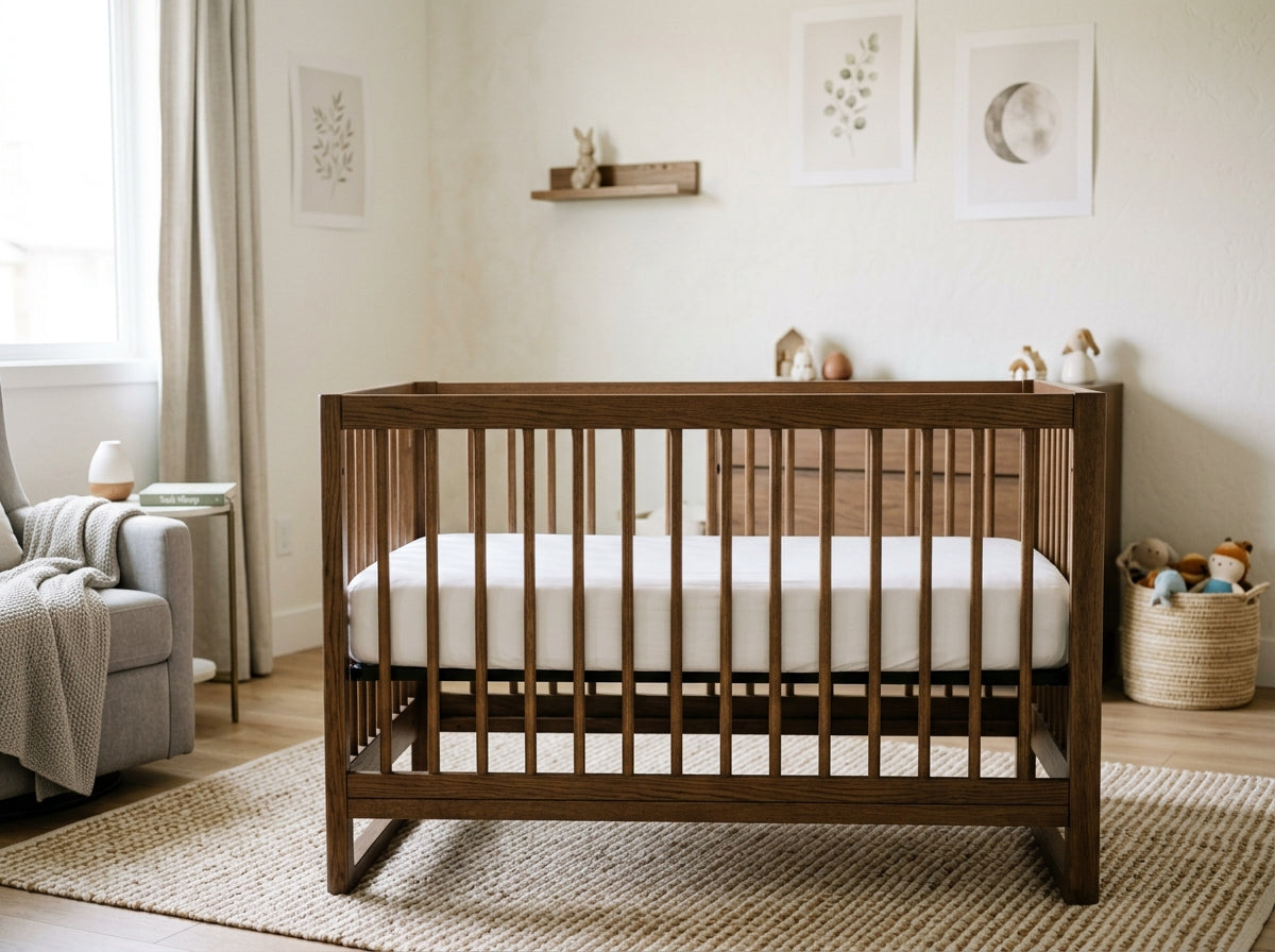 An empty wooden crib with a firm mattress and a fitted white sheet, with nothing else inside, in a softly lit nursery