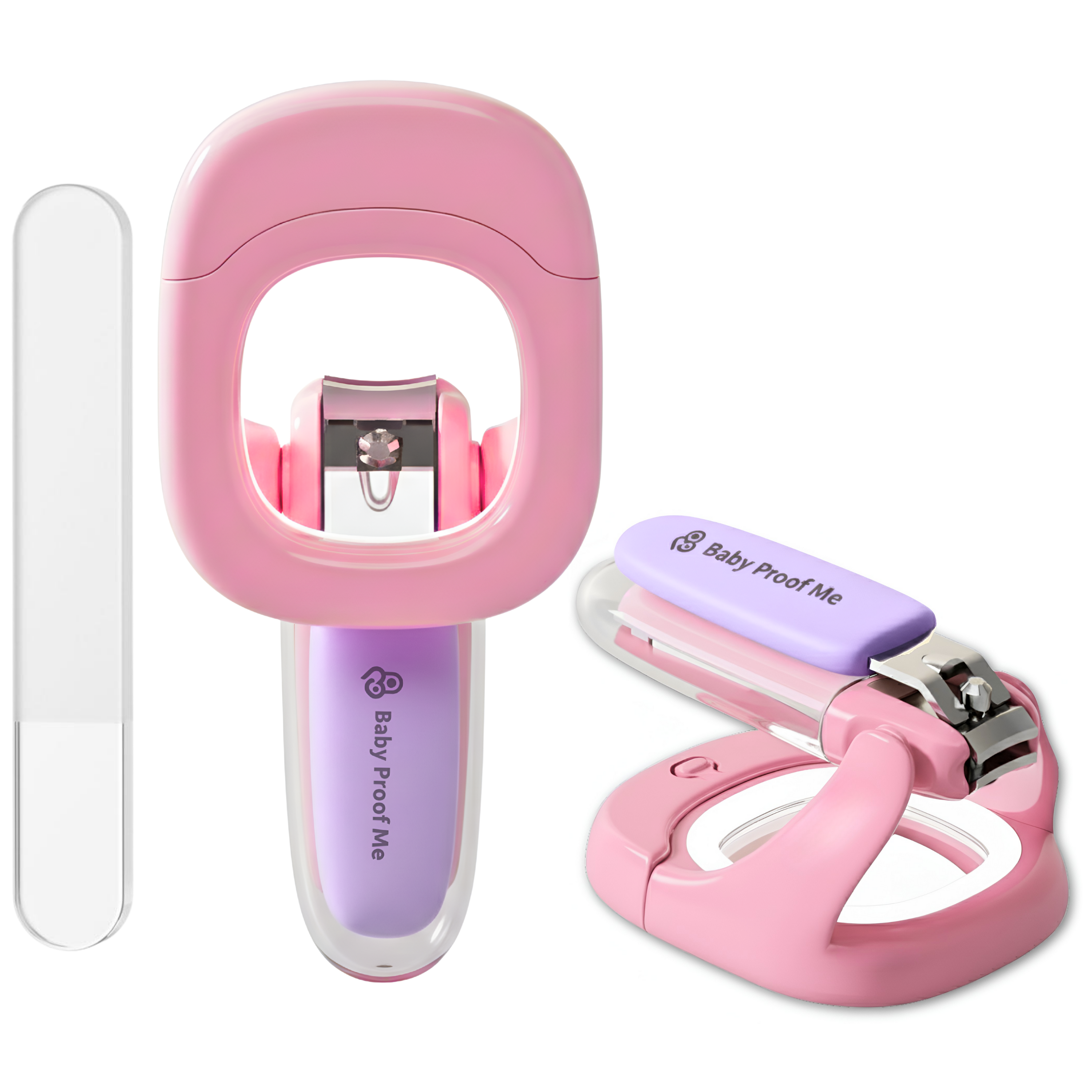 Pink baby nail clipper & glass filer set, two angles showing open magnifier base and purple LED cap