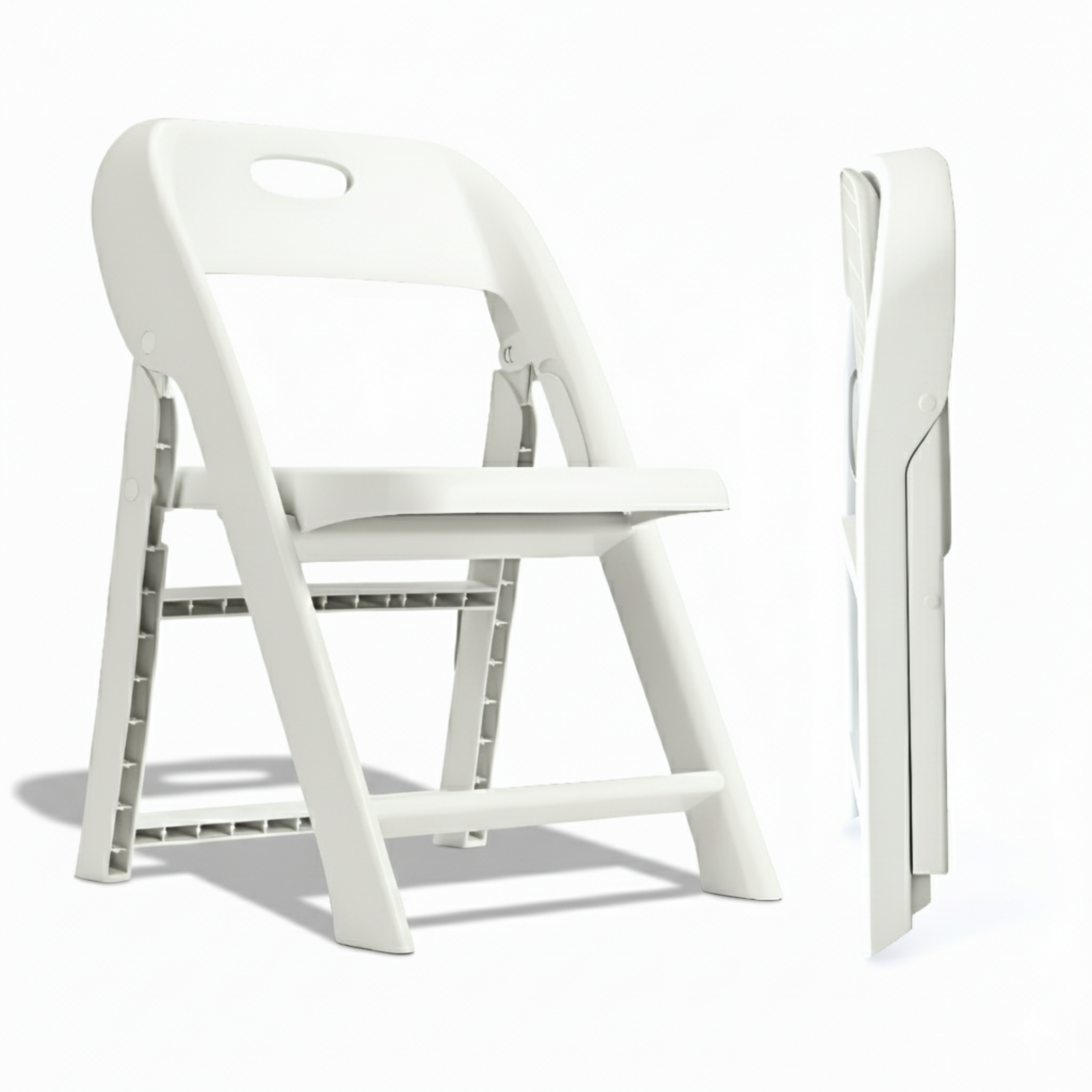 White kids folding chair shown open and folded flat, lightweight PP plastic with built-in backrest handle