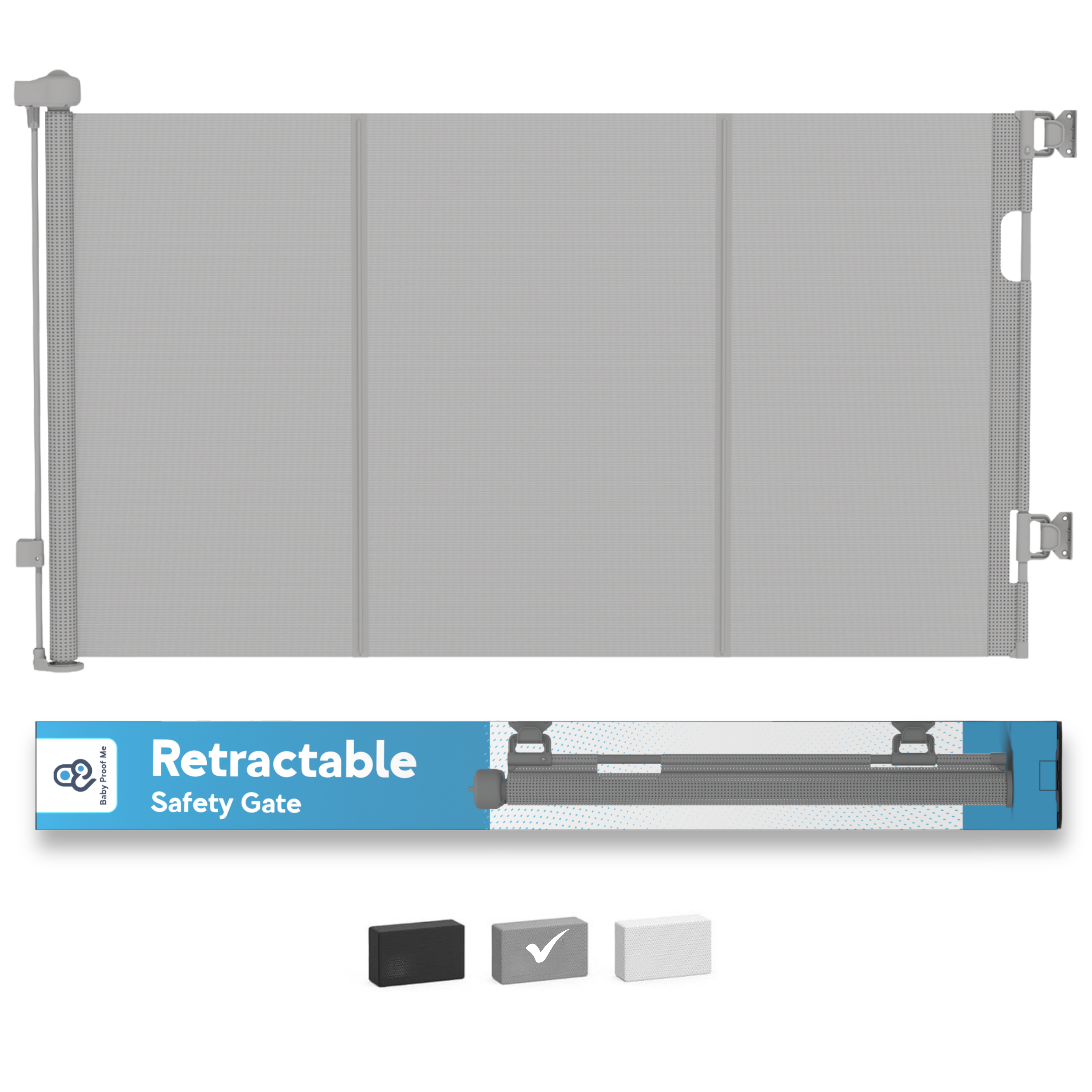 Grey retractable mesh baby gate fully extended with retail box and three color swatches below