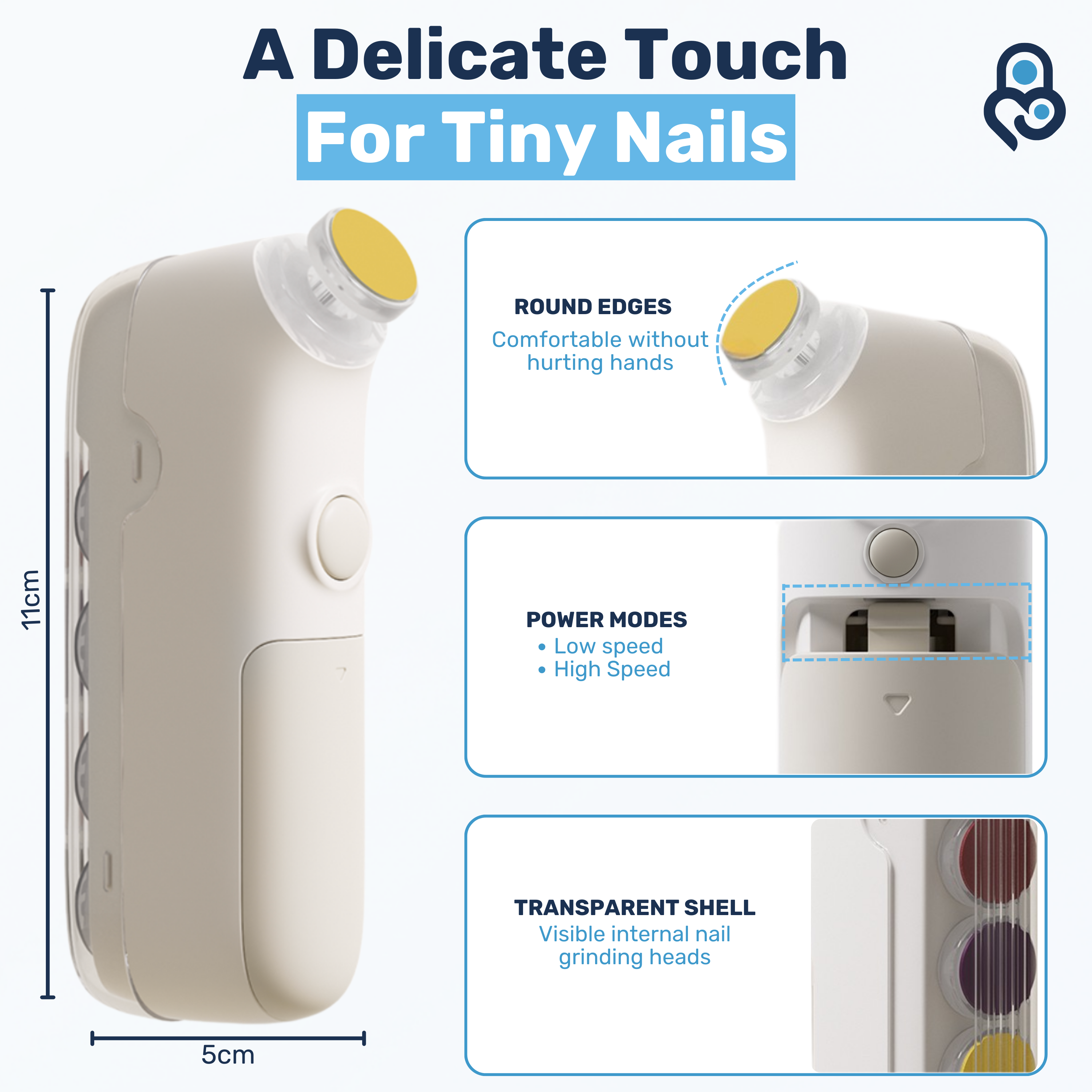 Electric baby nail file with dual-speed modes, round edges, and transparent grinding head storage