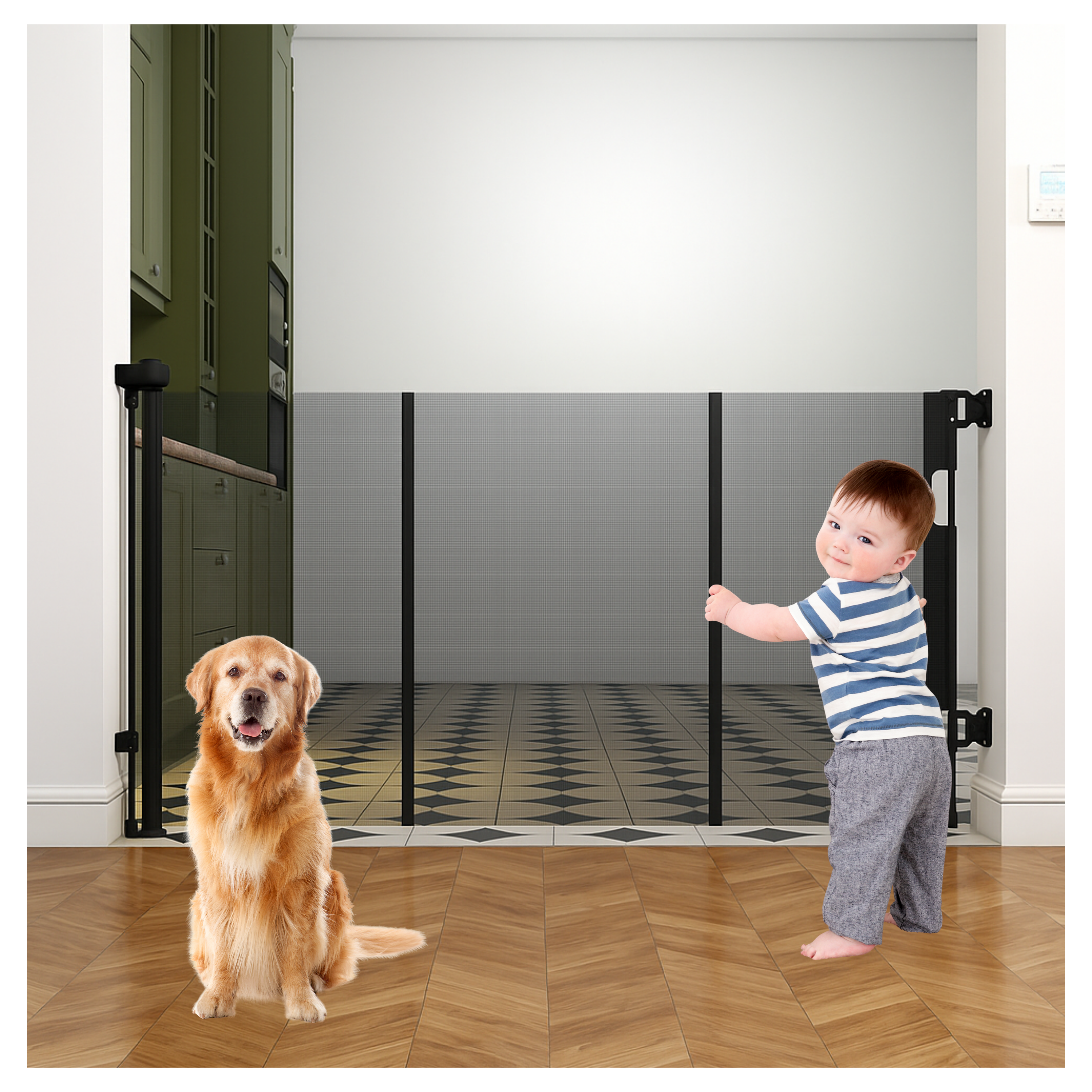Toddler and golden retriever separated by black retractable mesh baby gate spanning wide hallway doorway