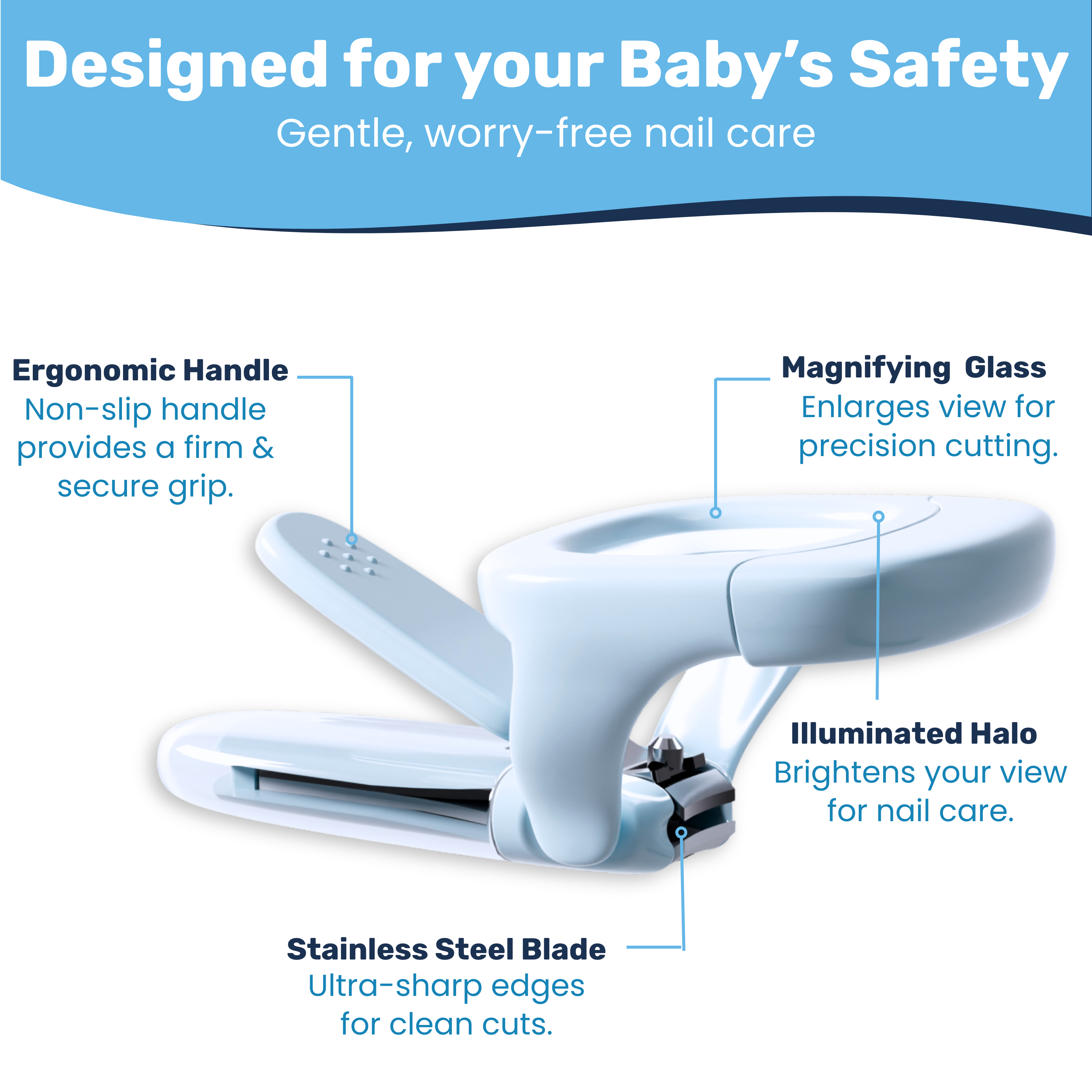 Baby nail clipper with magnifying glass, illuminated halo, and stainless steel blade labeled