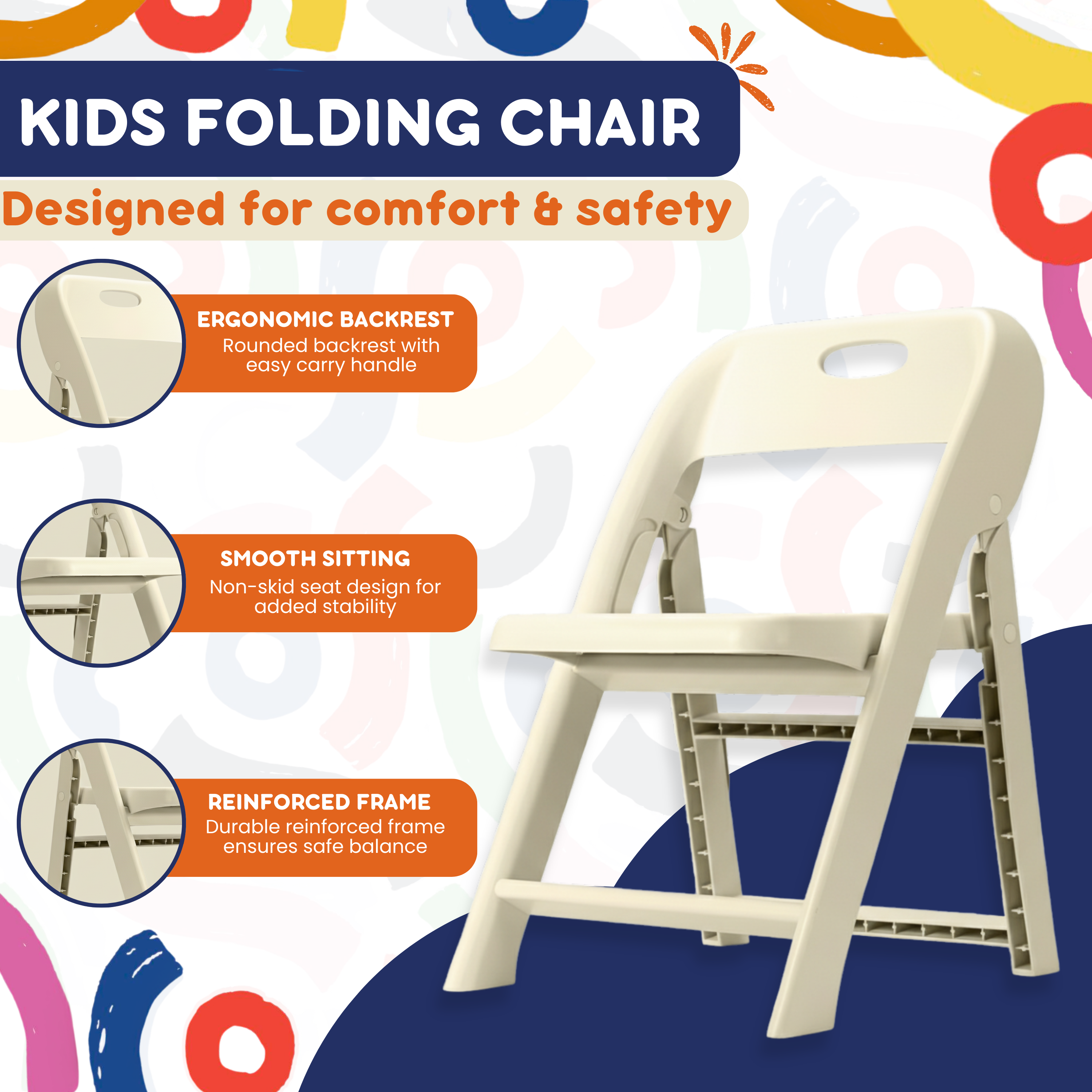 Kids folding chair product infographic with ergonomic backrest, non-skid seat, and reinforced frame detail callouts