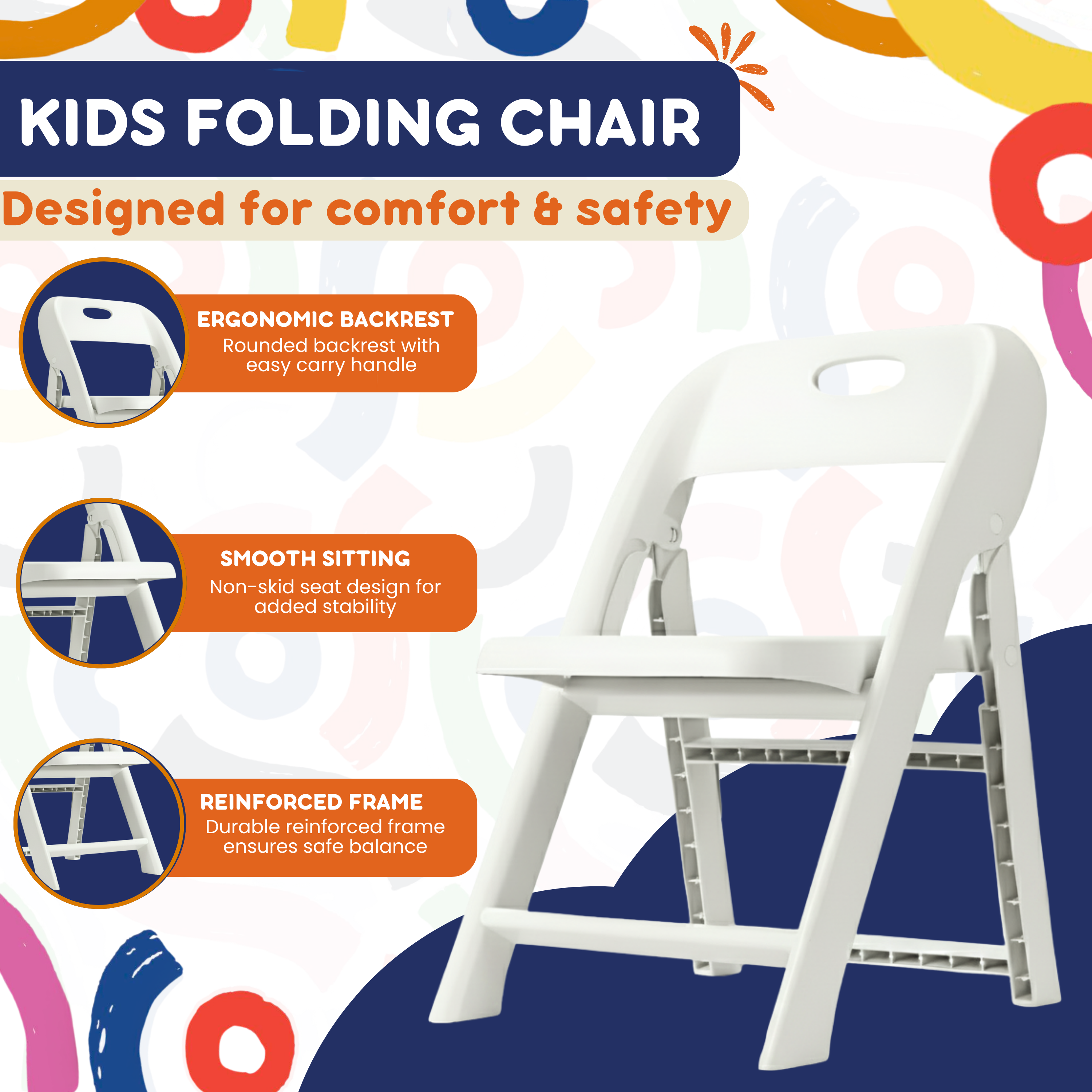 White kids folding chair infographic highlighting ergonomic backrest, non-skid seat, and reinforced frame callouts