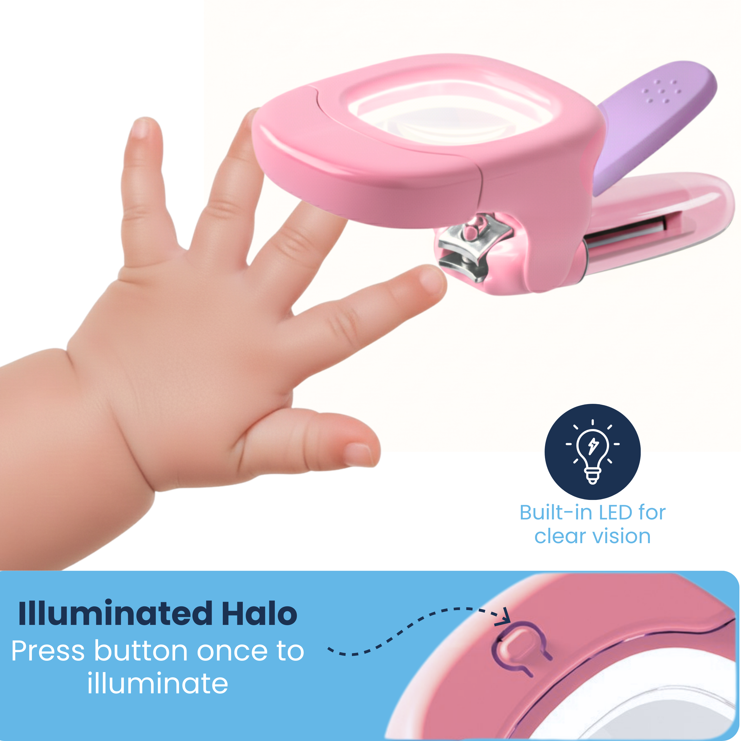 Pink baby nail clipper with built-in LED halo light trimming infant fingertip, illuminated magnifier callout below