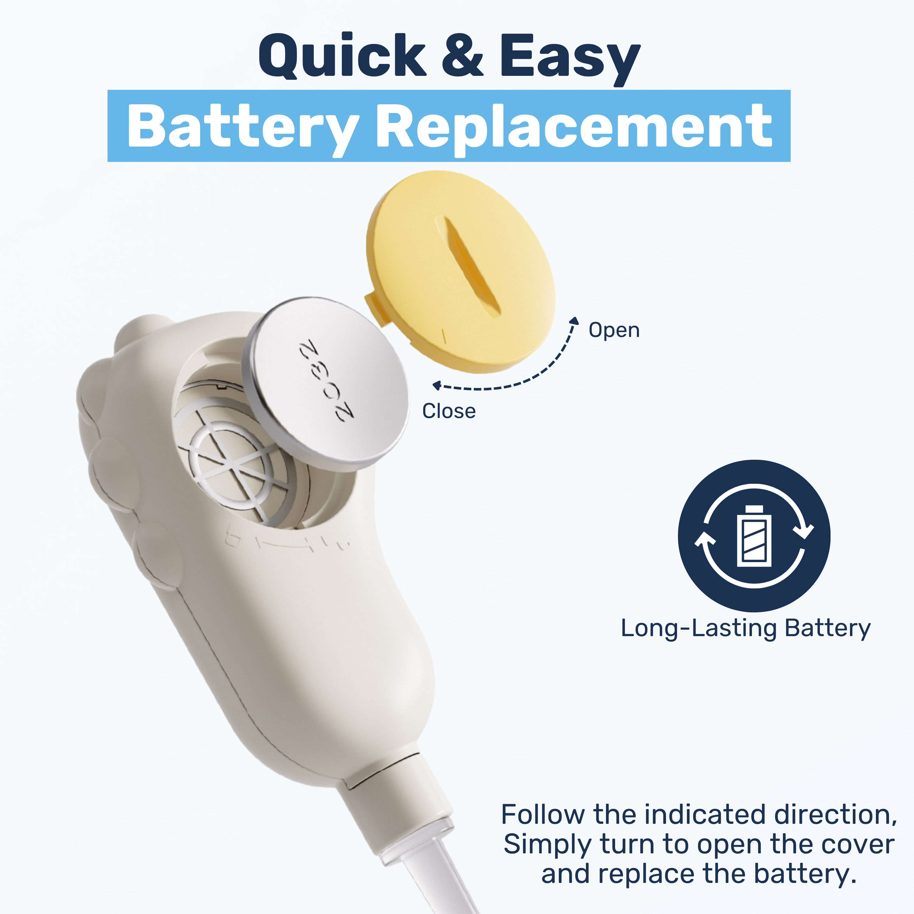 Twist-off yellow battery cover removed from baby nose & ear cleaner, exposing CR2032 coin cell slot