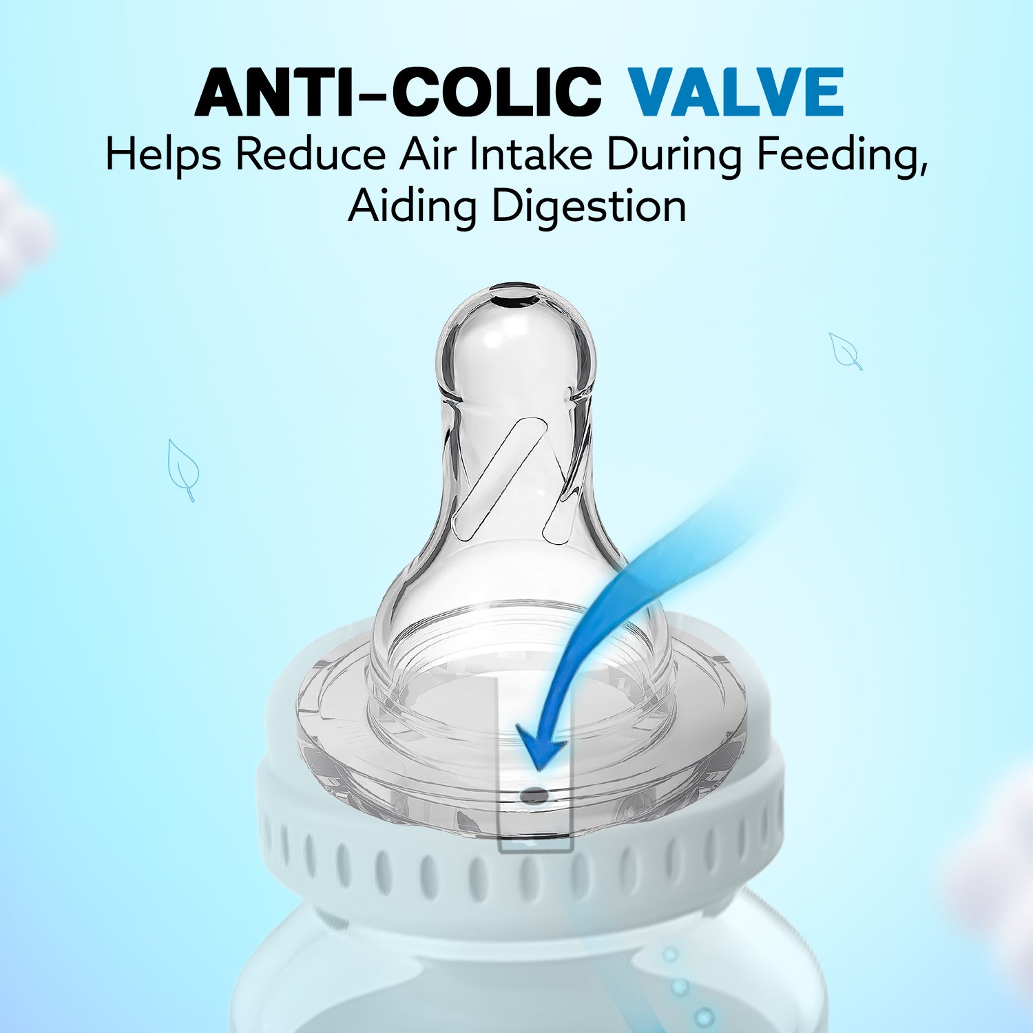 Anti-colic valve diagram on SkinSoft Silicone Nipple cap, blue arrow pointing to vent hole