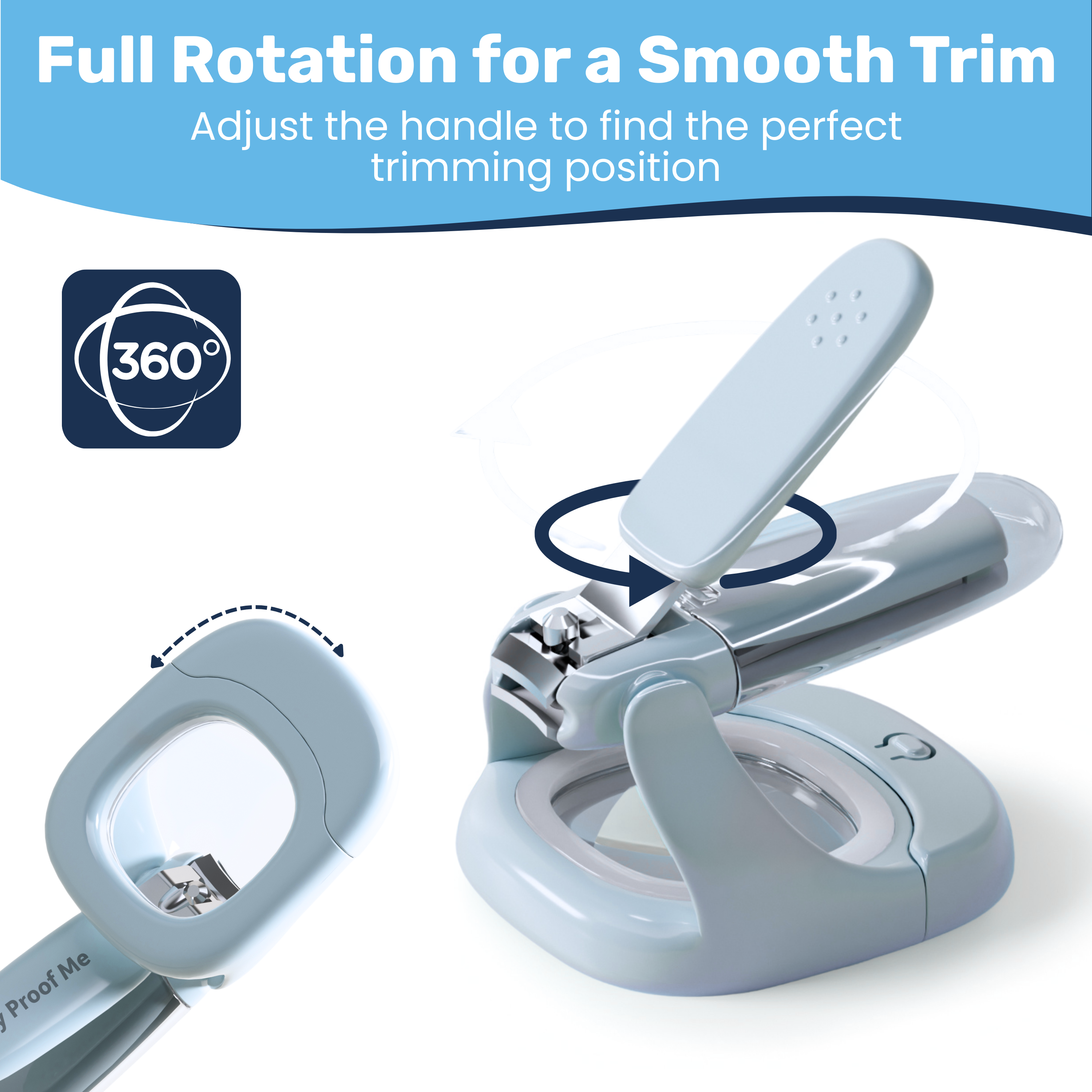 Blue baby nail clipper with 360° rotating handle diagram, magnifier base and open grip shown side by side