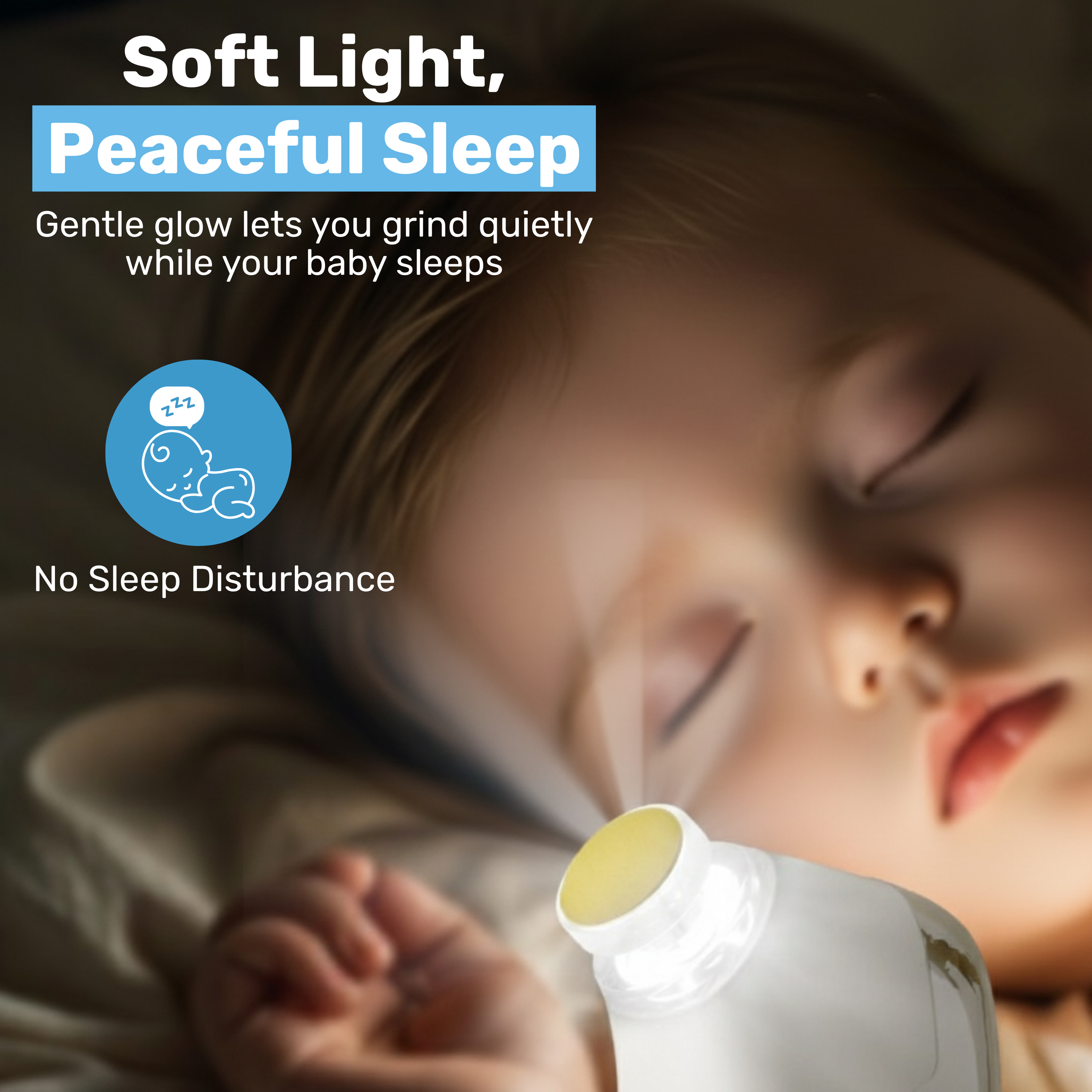 Sleeping baby beside glowing Buffi nail buffer, soft yellow light — no sleep disturbance in use
