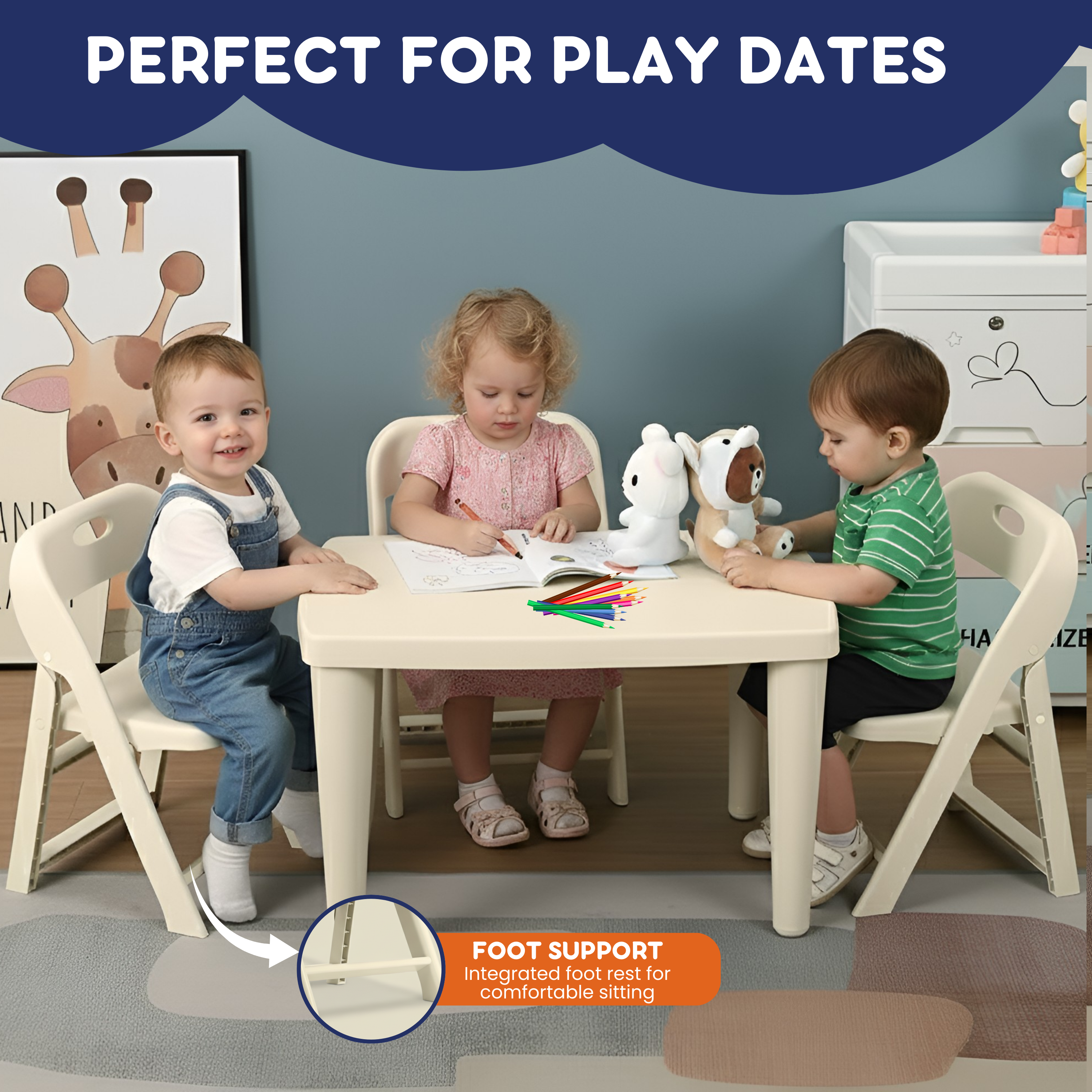 Three toddlers coloring and playing at cream table on kids folding chairs with integrated foot rest callout