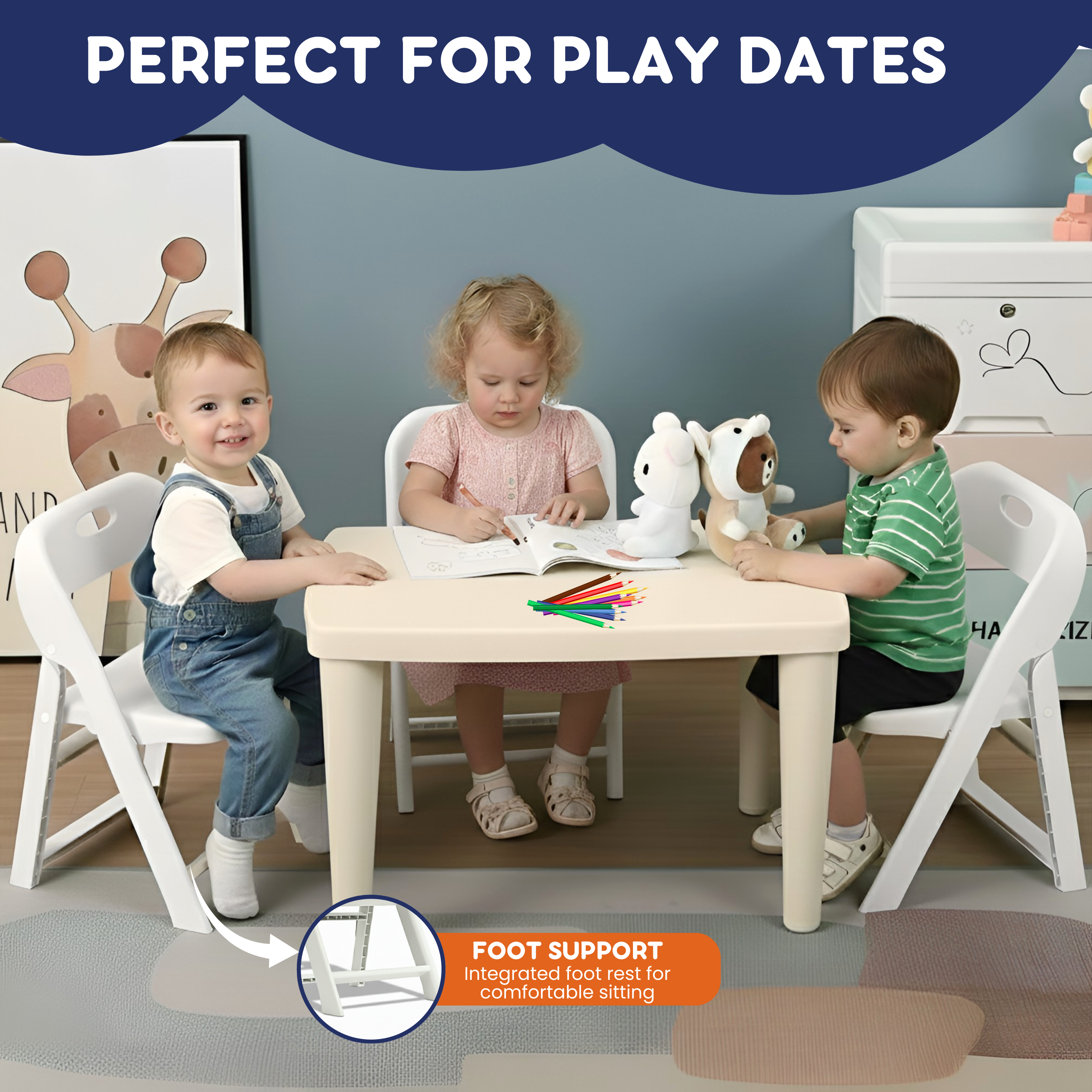 Three toddlers at a cream play table on kids folding chairs with integrated foot rest support