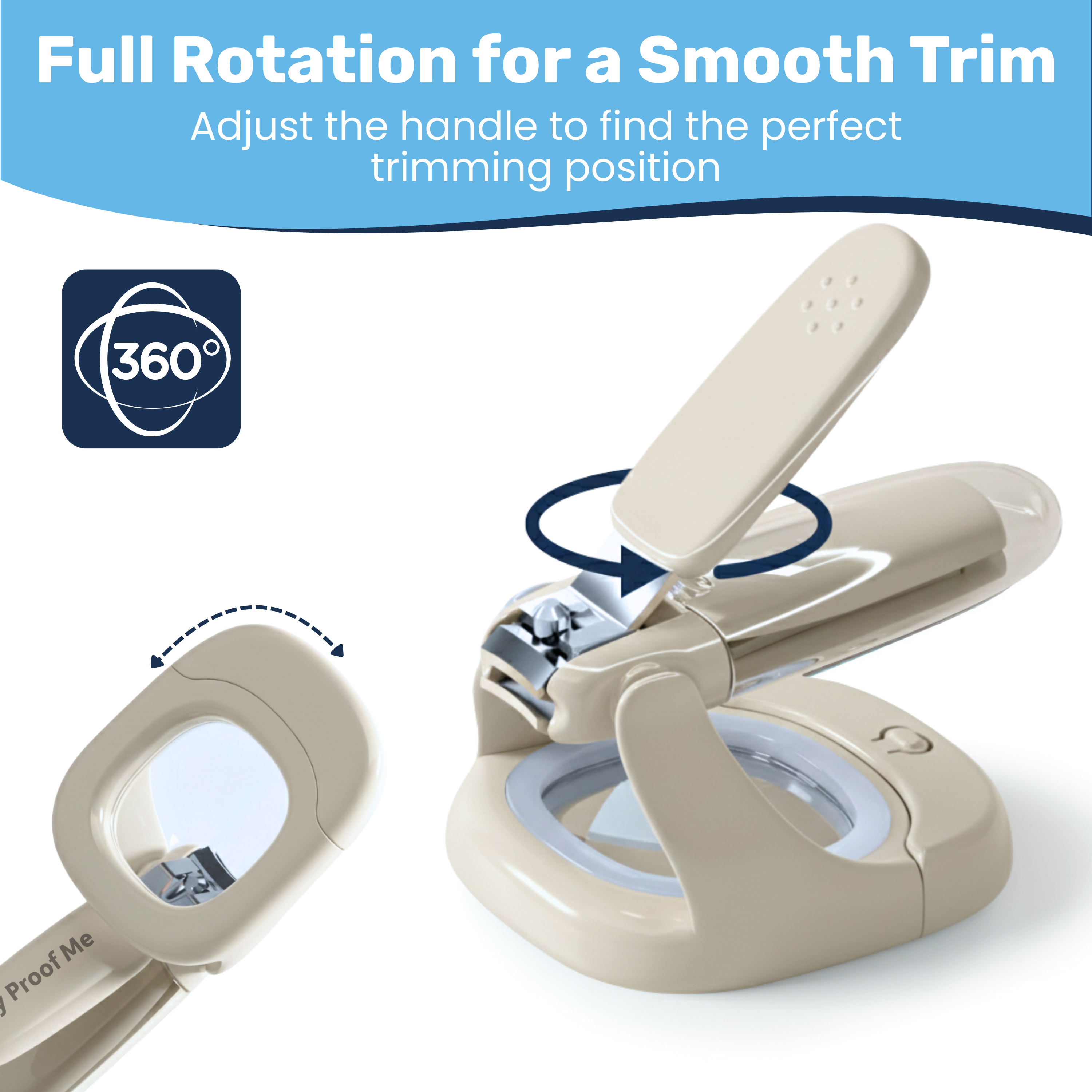 Baby nail clipper with 360-degree rotating handle shown open and closed, built-in magnifier base visible