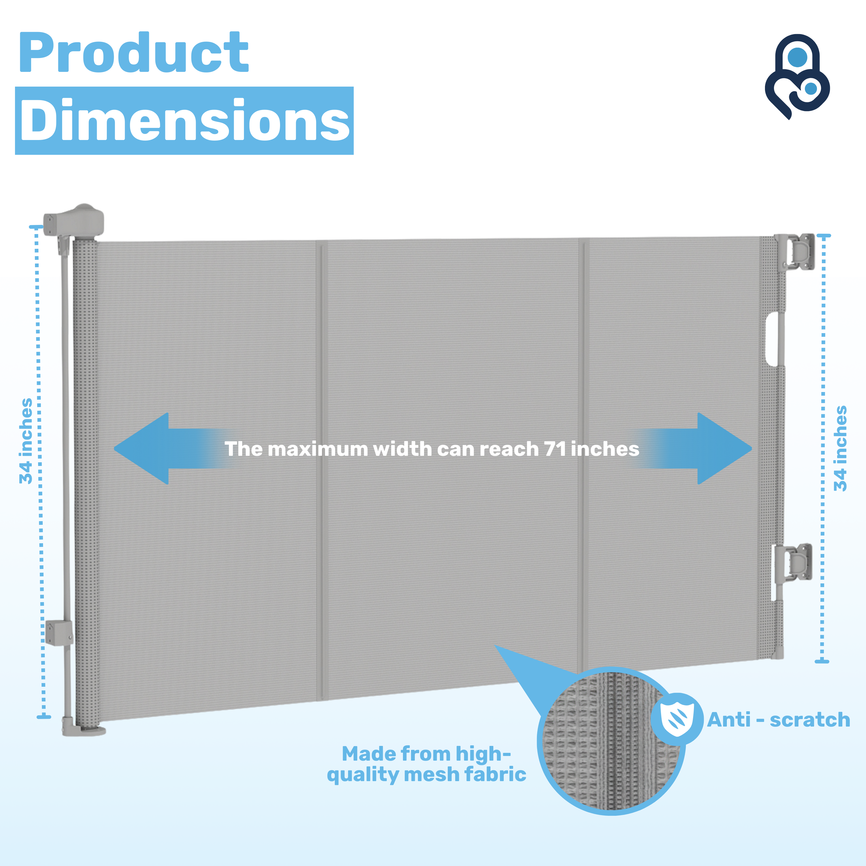Retractable mesh baby gate dimensions: 34 in tall, extends to 71 in wide, anti-scratch mesh fabric closeup