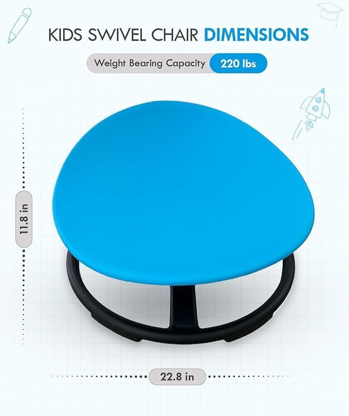 Blue kids sensory spinning chair dimensions: 22.8 in wide, 11.8 in tall, 220 lb weight capacity