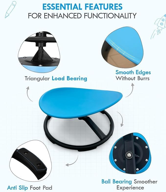 Blue kids wobble stool callouts: ball bearing swivel, anti-slip pad, and burr-free smooth edges