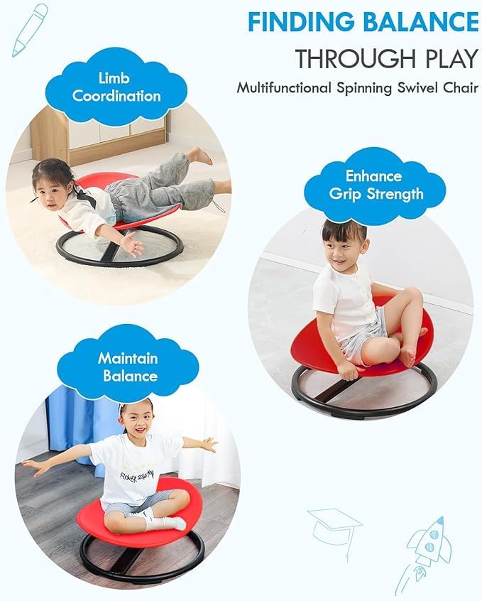 Three children using red sensory spinning chair for limb coordination, grip strength, and balance training