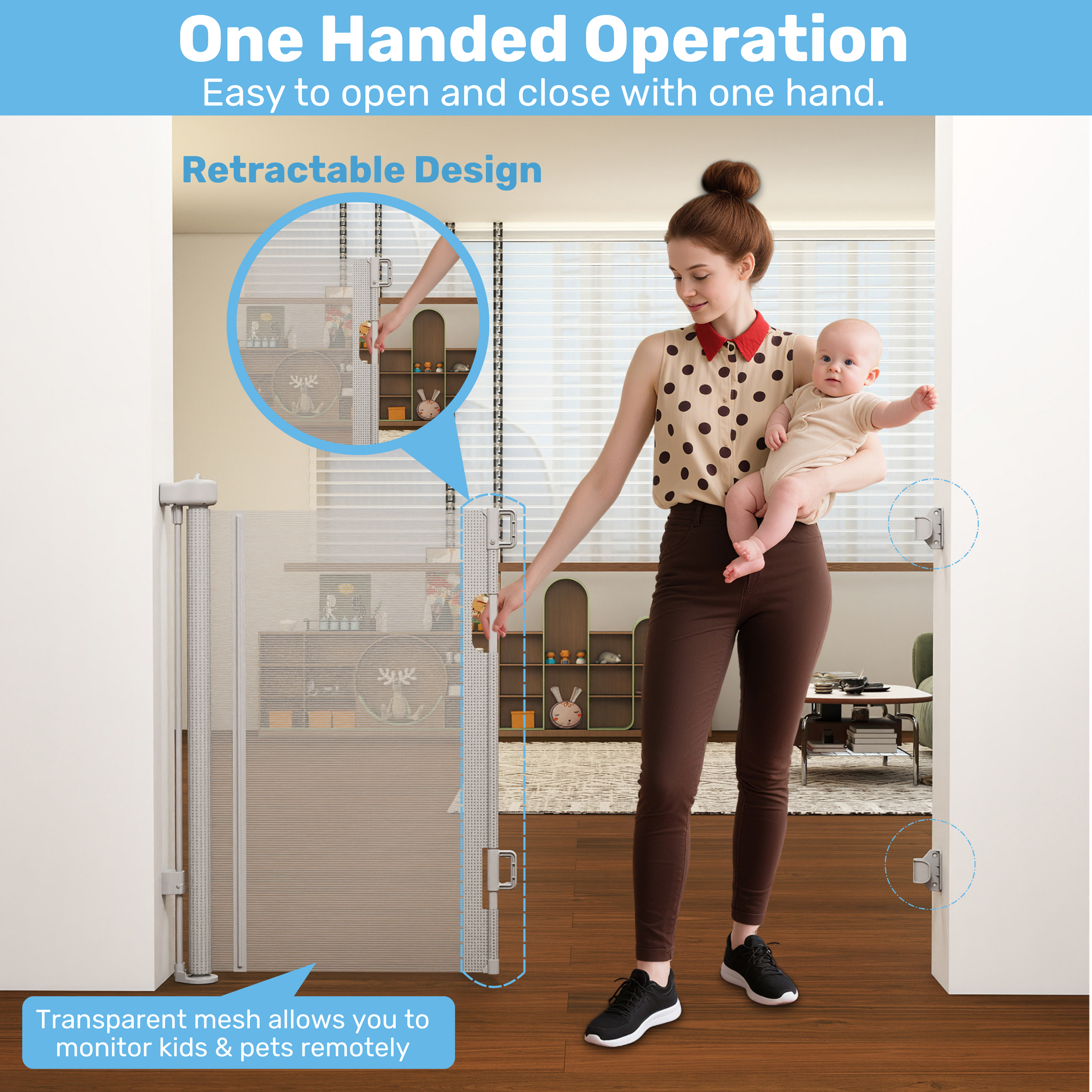 Mom holding baby latches retractable mesh baby gate one-handed, transparent mesh panel spans living room doorway