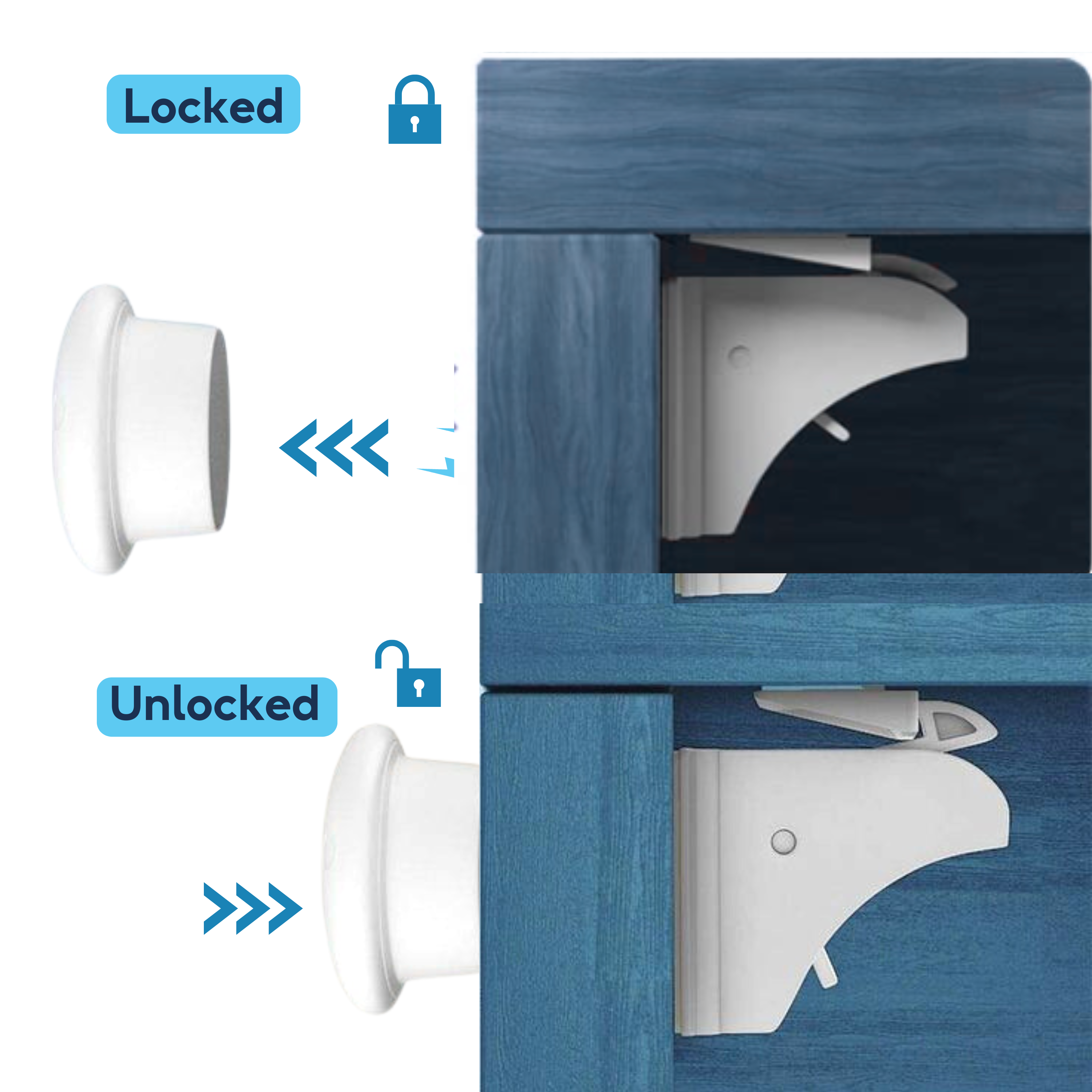 Locked vs unlocked diagram showing magnetic key releasing hidden drawer lock on blue wood cabinet