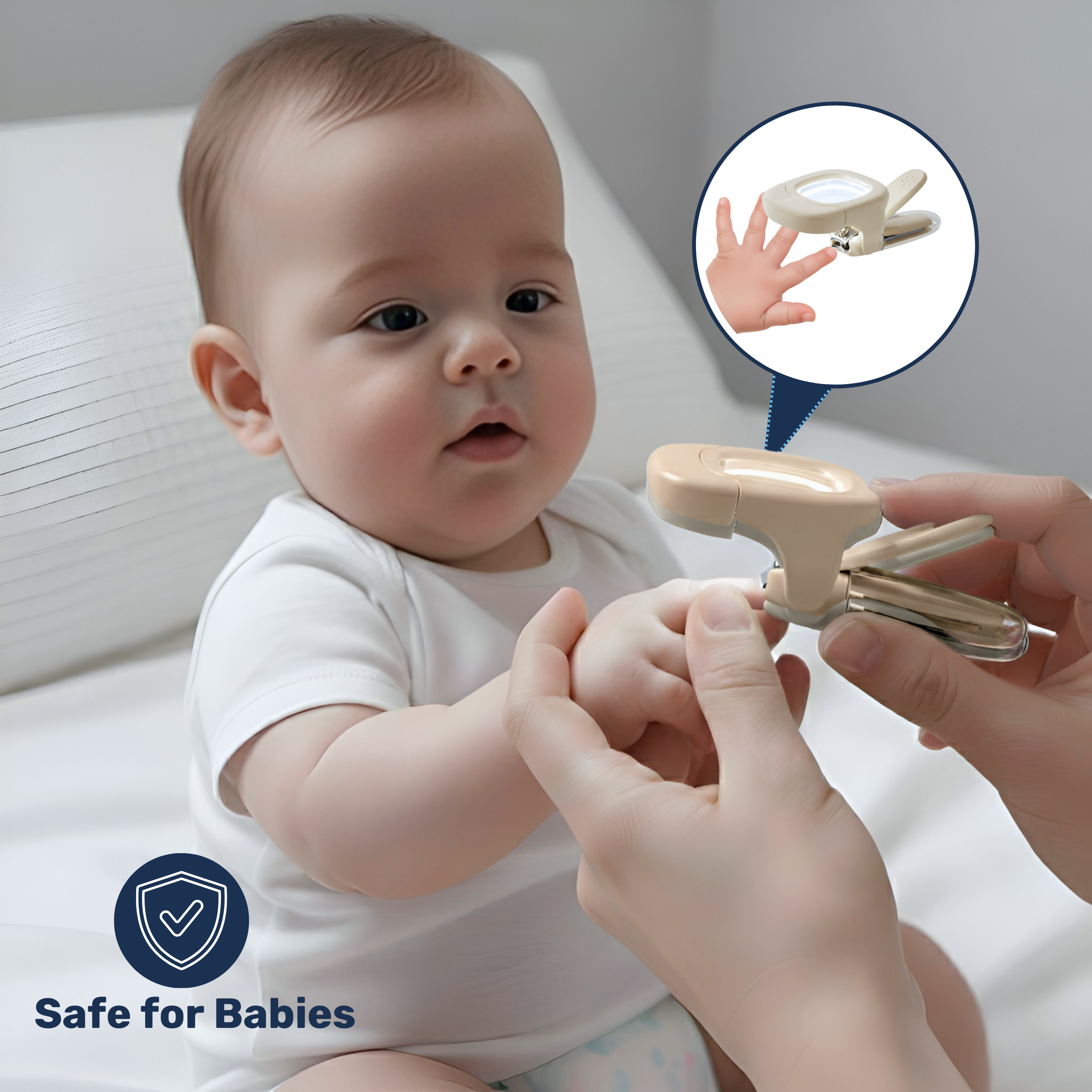 Parent trimming baby's fingernail with LED magnifier nail clipper, inset shows finger-fit curved blade closeup