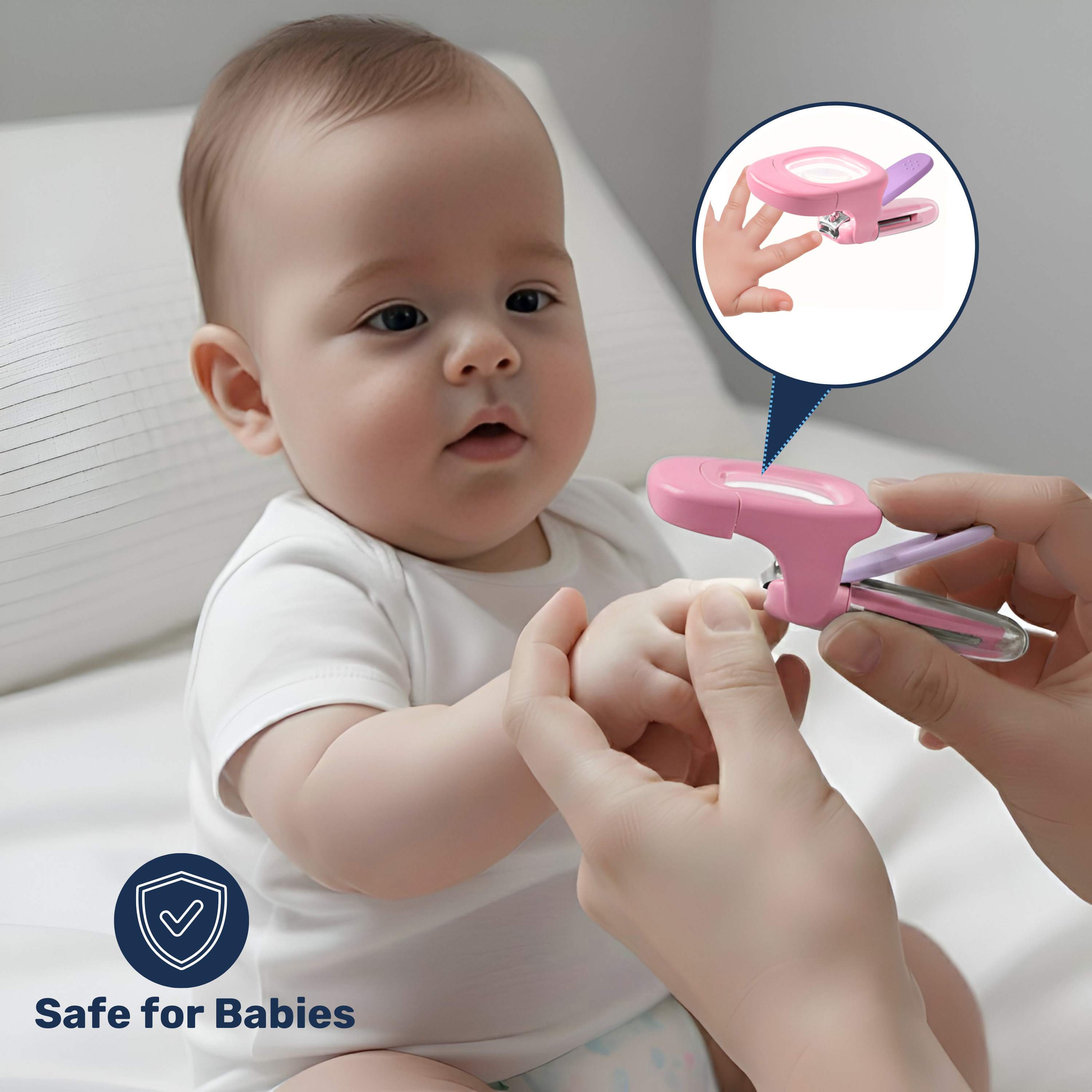 Parent clipping calm infant's fingernails with pink LED magnifier baby nail clipper, inset shows curved blade on tiny hand