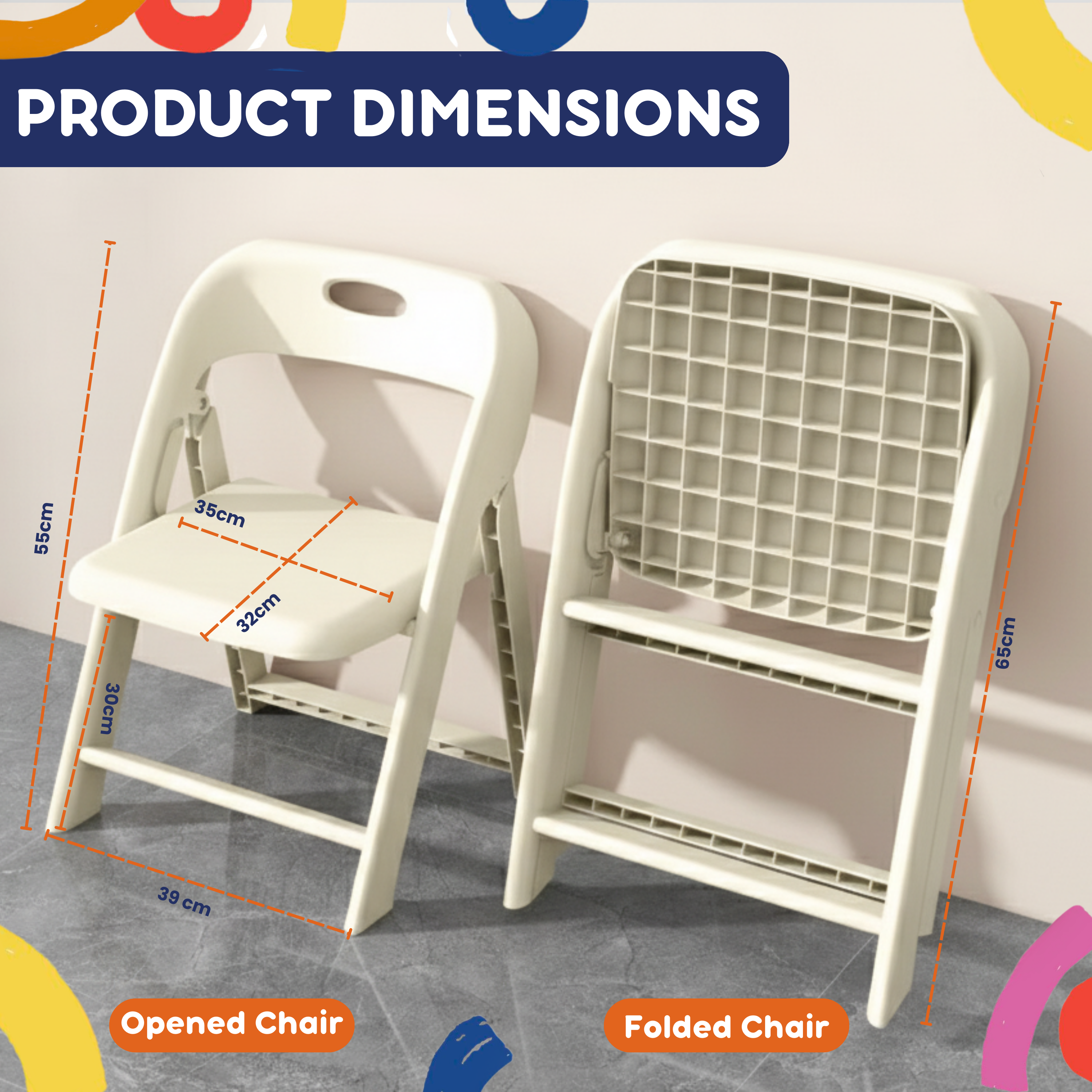 Kids folding chair open vs. folded side-by-side with labeled dimensions: 55cm tall, 39cm wide, 35cm seat