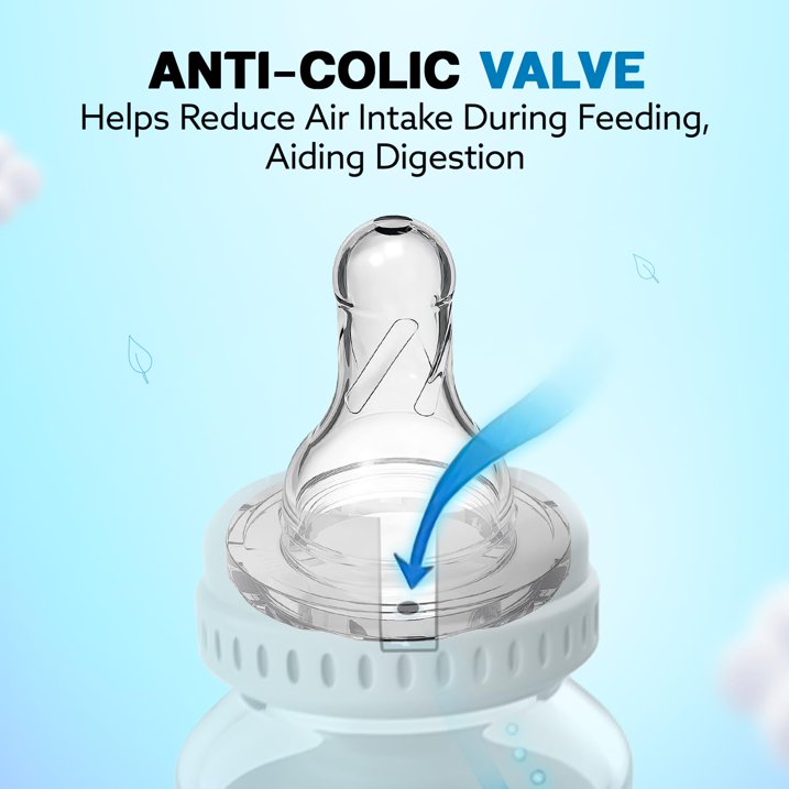 Anti-colic valve cutaway on silicone bottle nipple, blue arrow pointing to air-vent hole in collar