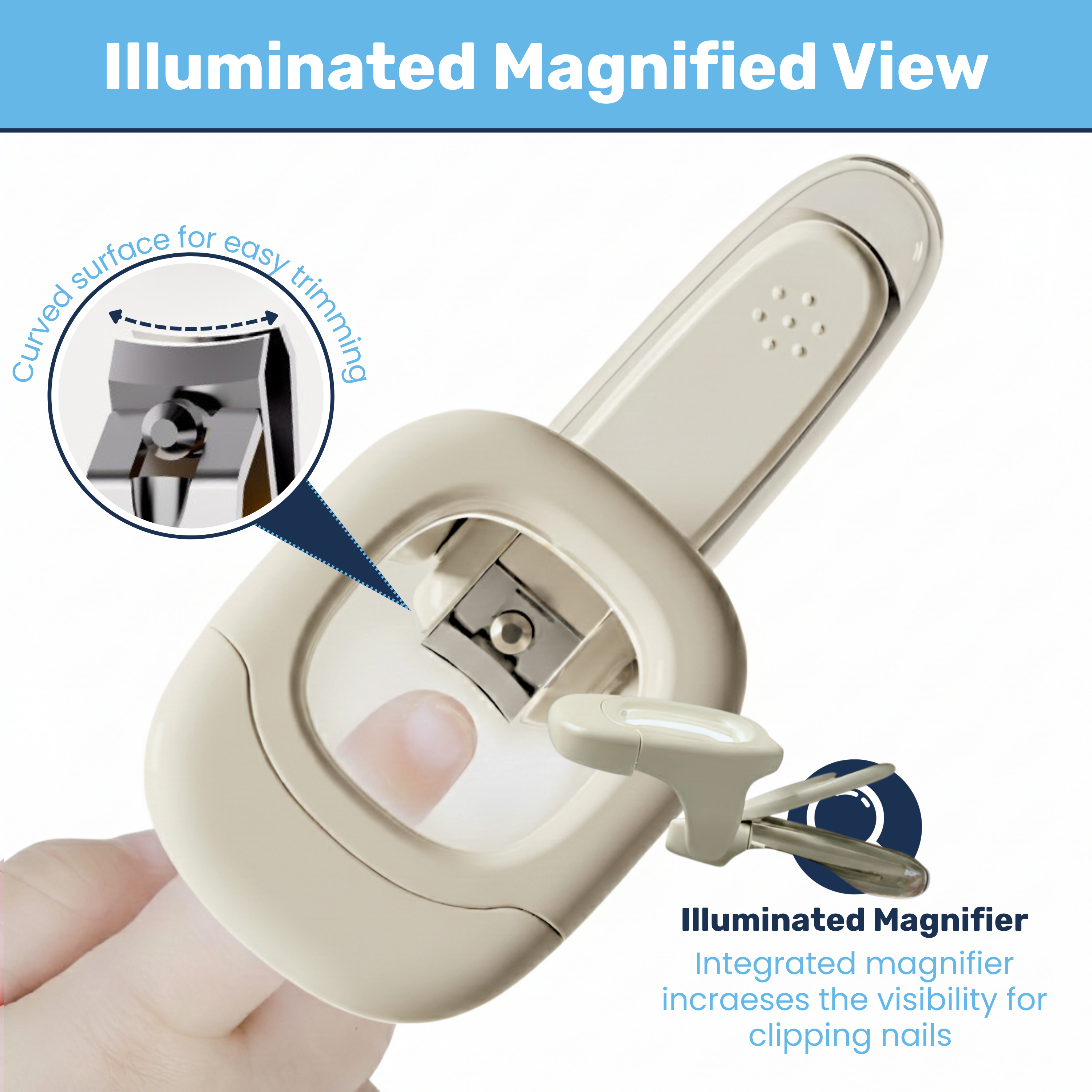 Baby nail clipper magnified view callout showing curved blade trimming a finger, integrated illuminated magnifier highlighted