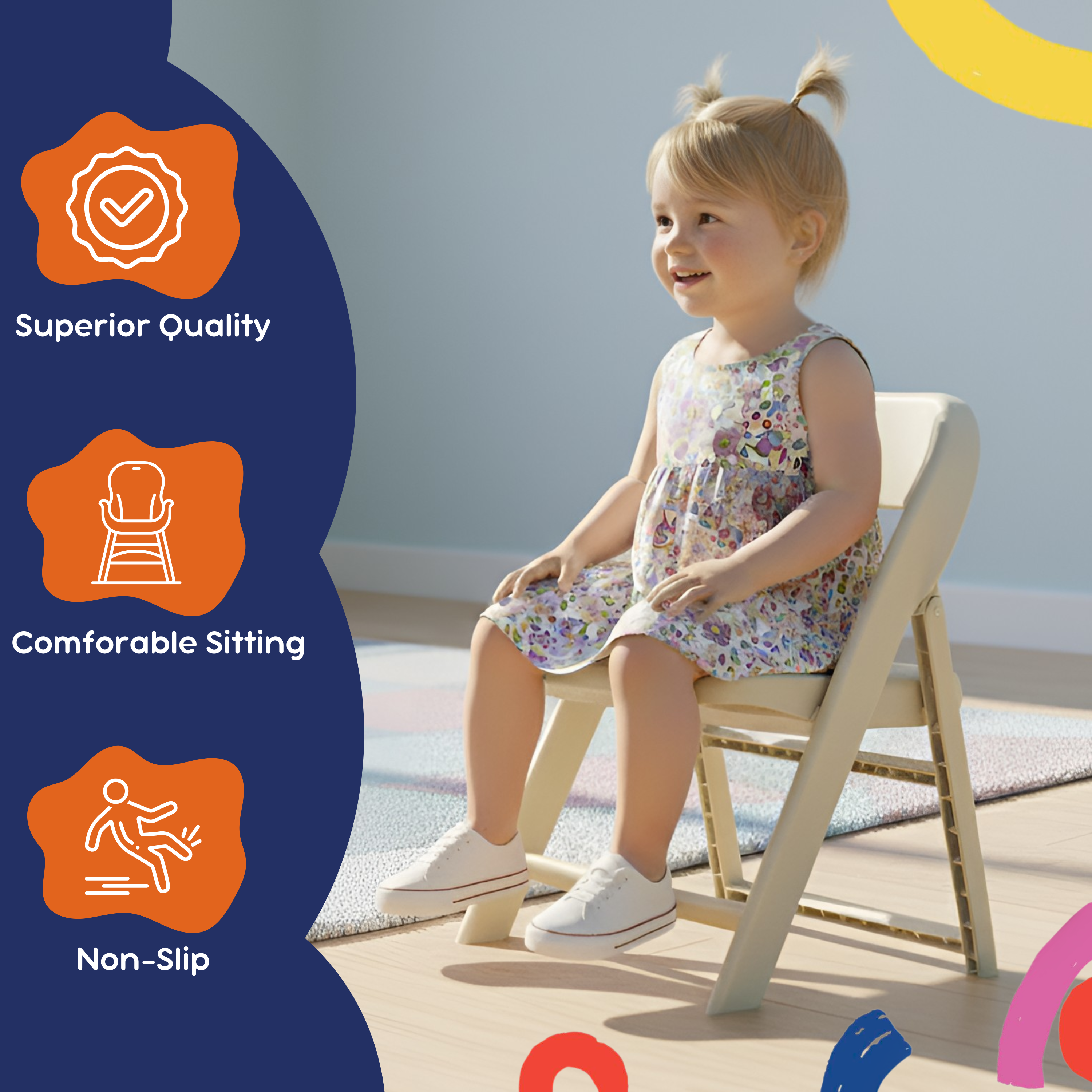 Toddler seated in cream kids folding chair on playroom floor, non-slip feet and supportive backrest highlighted