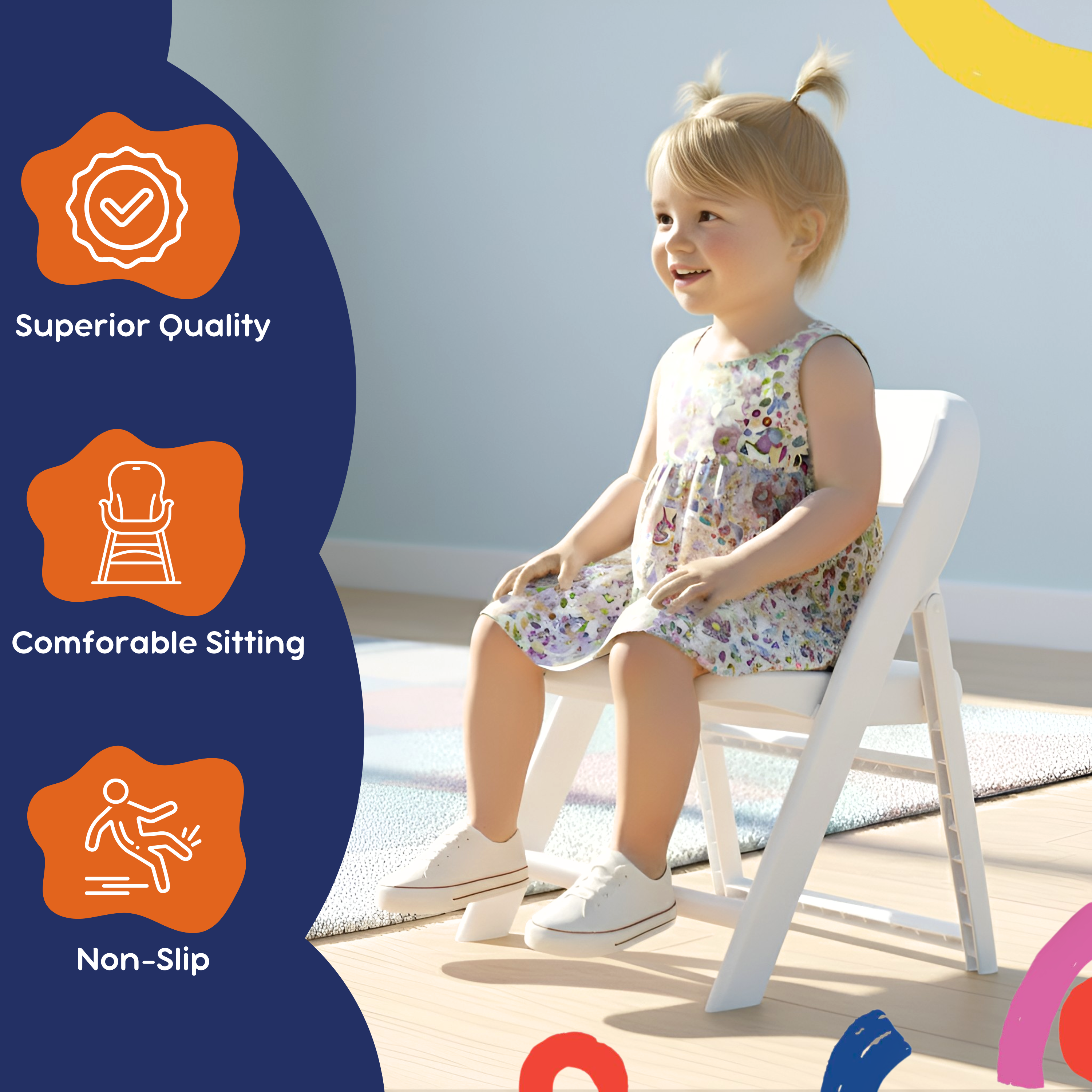 Smiling toddler seated on a white non-slip kids folding chair on a playroom hardwood floor