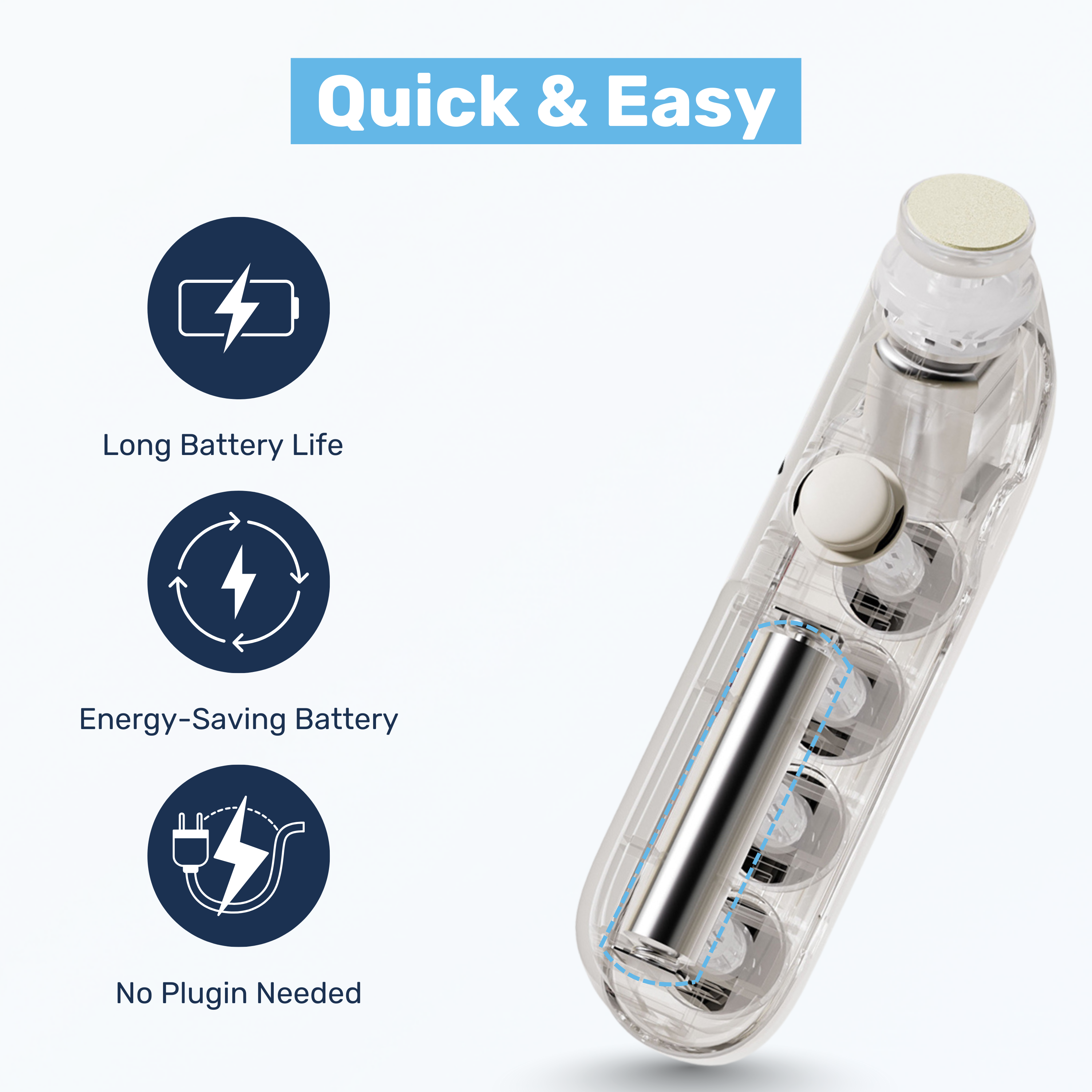 Transparent baby nail buffer showing AA battery compartment — no plugin needed, energy-saving design