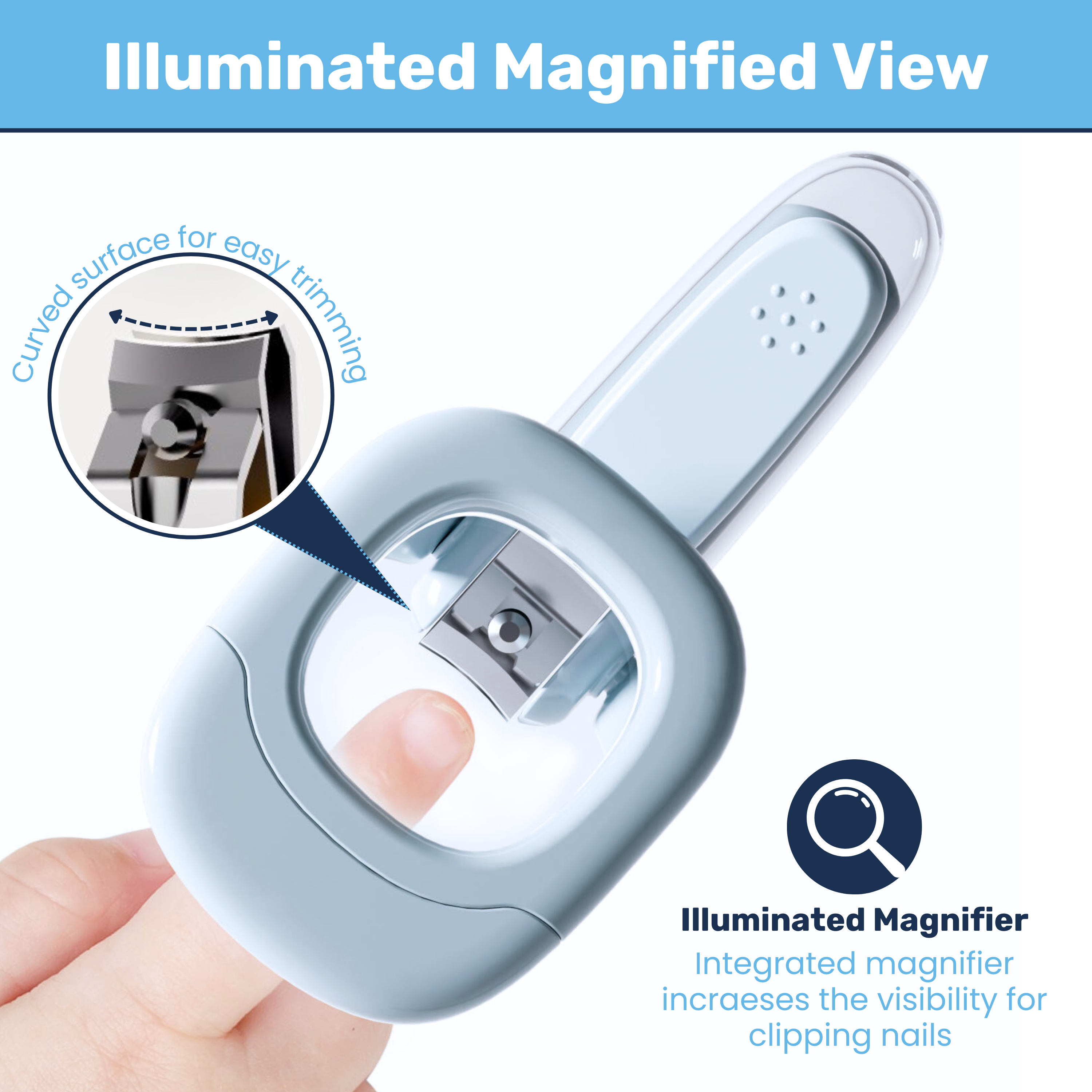 Hand holding blue baby nail clipper, inset callout shows curved blade trimming fingertip with illuminated magnifier