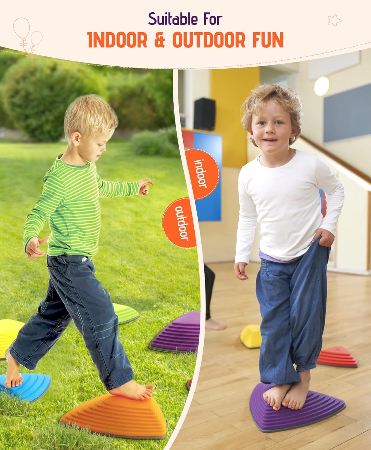 Toddler stepping on purple balance stone indoors and outdoors on grass, dual-scene lifestyle split image