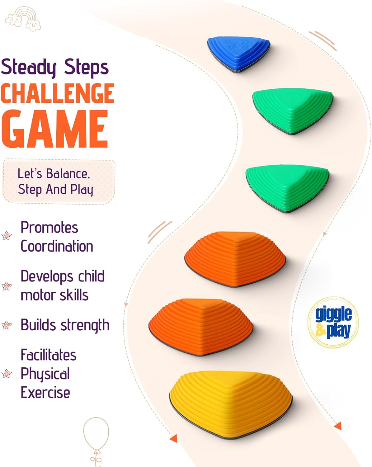 6-piece Steady Steps balance stone set in blue, green, orange, and yellow arranged in curved path