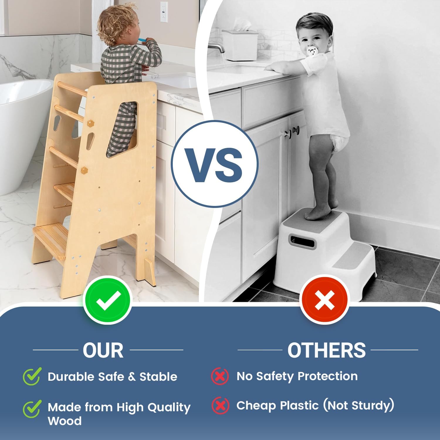 Wooden Montessori Learning Tower vs plastic step stool comparison showing enclosed safety rail versus no protection