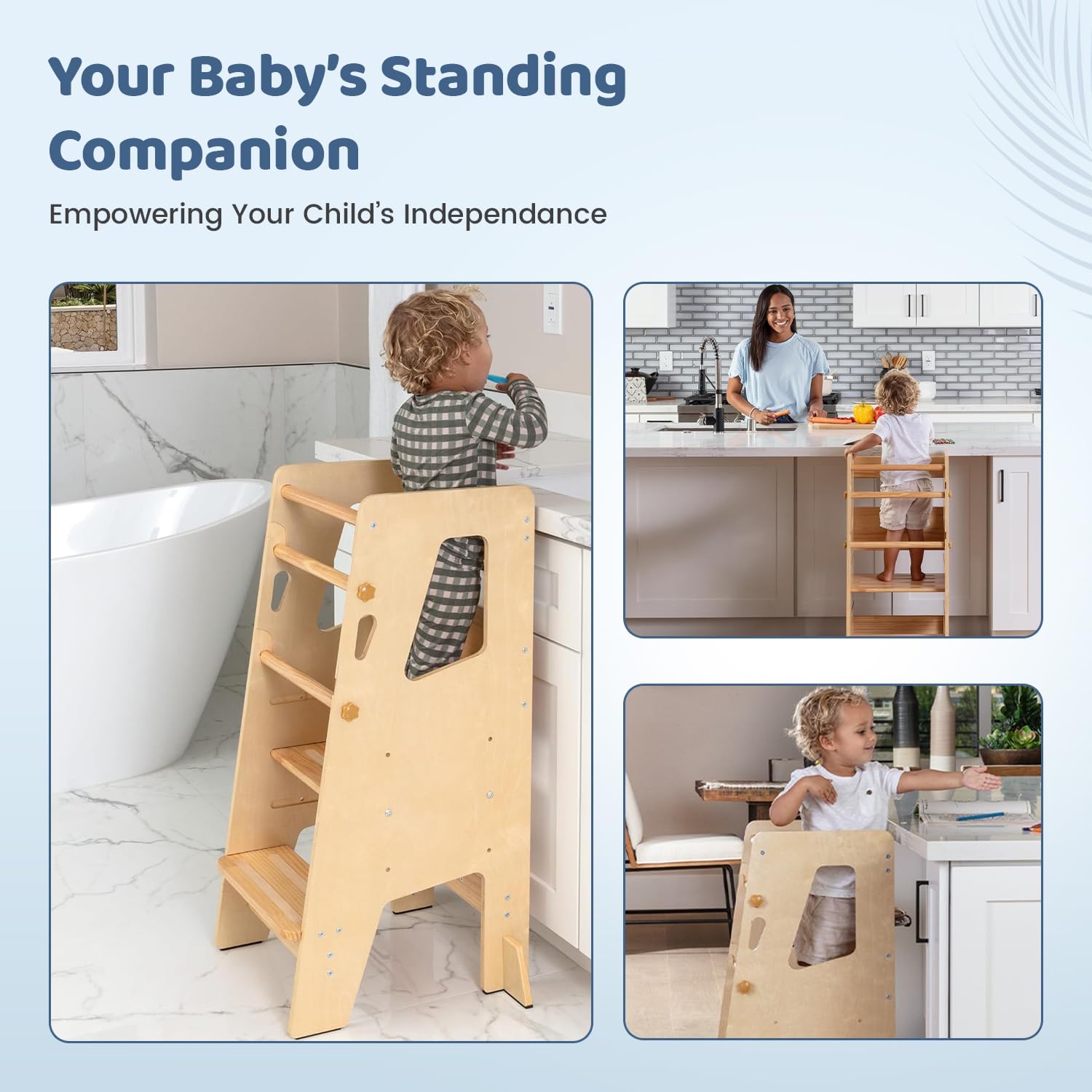 Toddler brushing teeth at marble bathroom vanity on natural wood Montessori Learning Tower