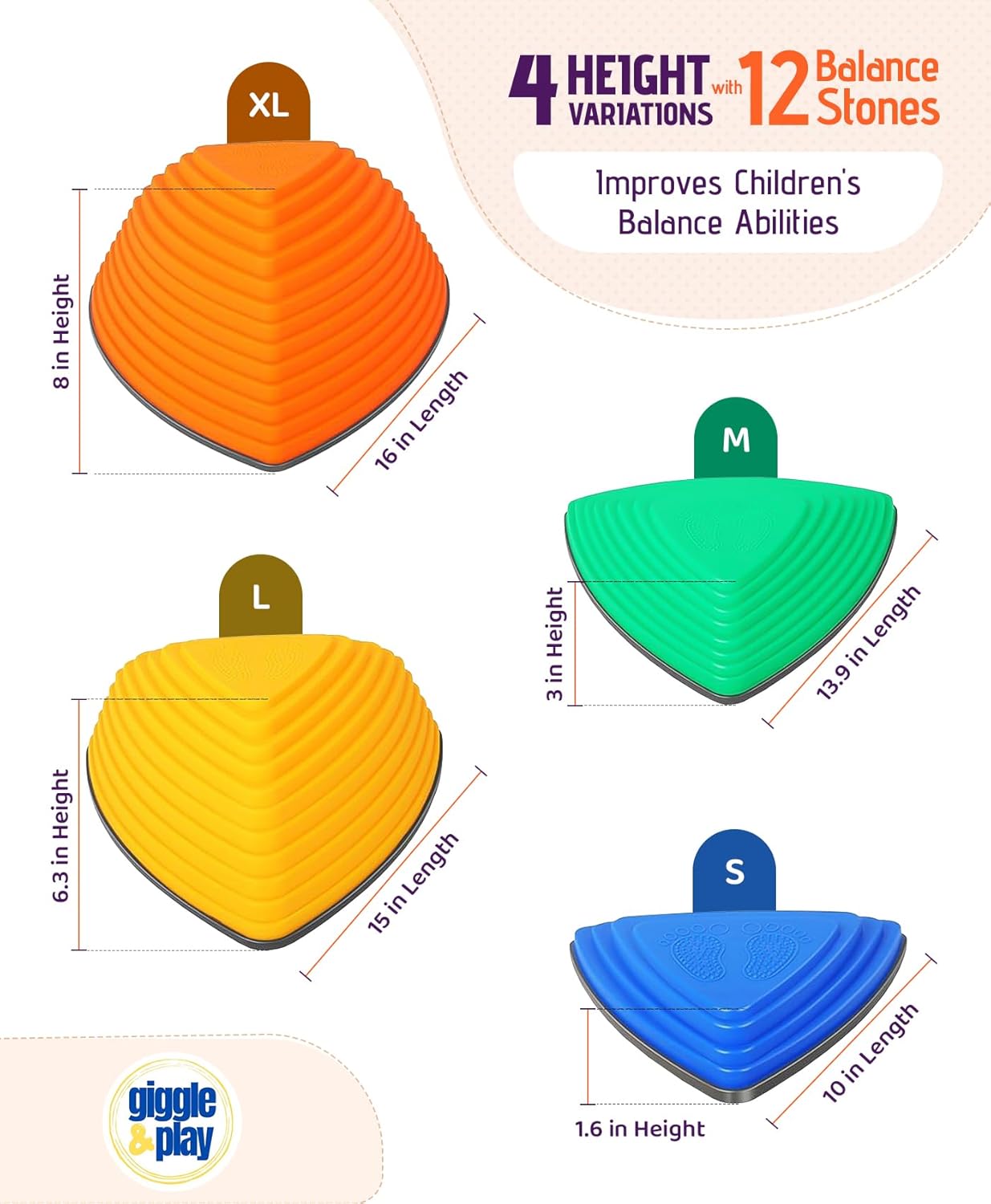 4 size variations of kids balance stepping stones: XL 8in, L 6.3in, M 3in, S 1.6in tall with dimensions labeled