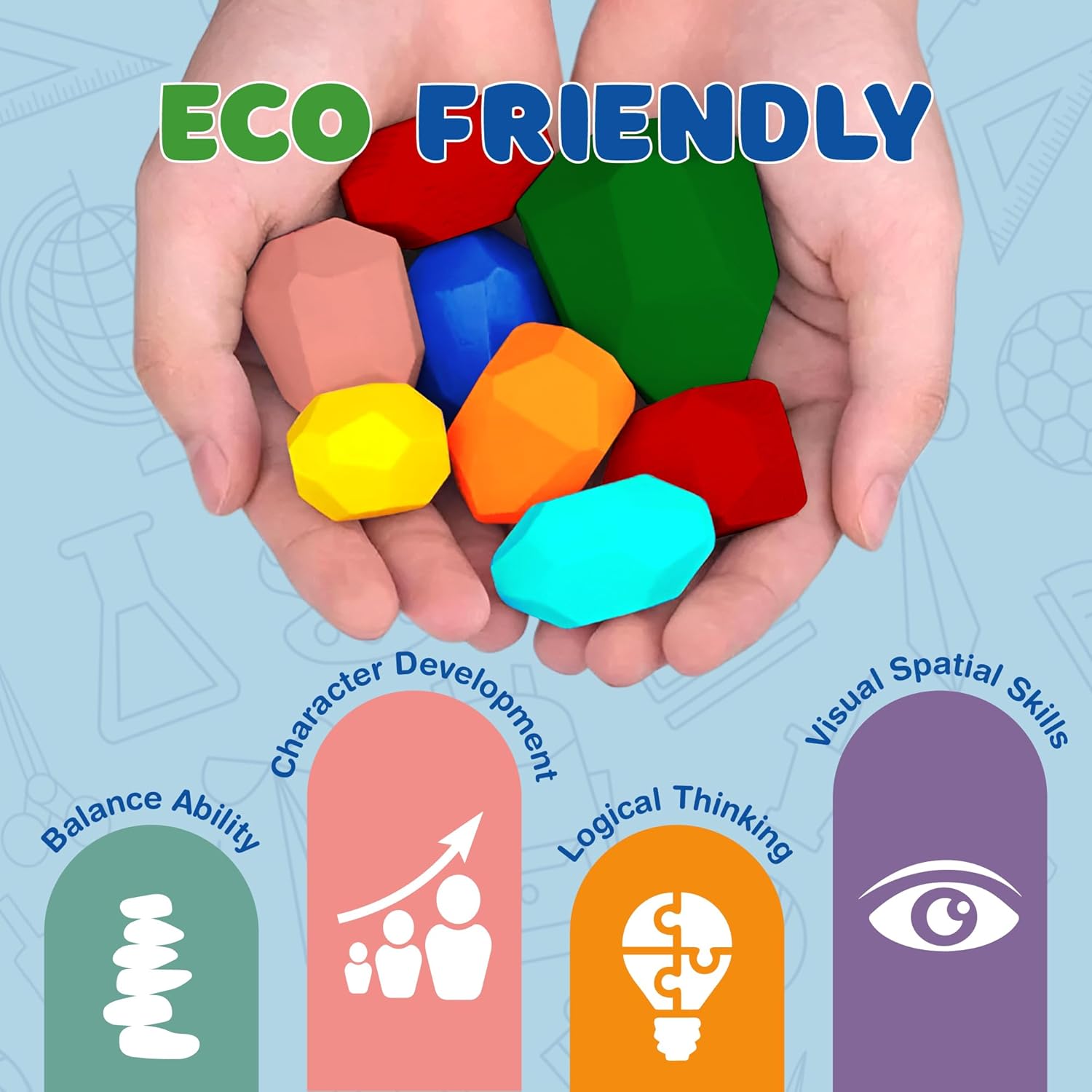 Hands cupping 8 eco-friendly wooden stacking stones for kids in multicolor faceted shapes