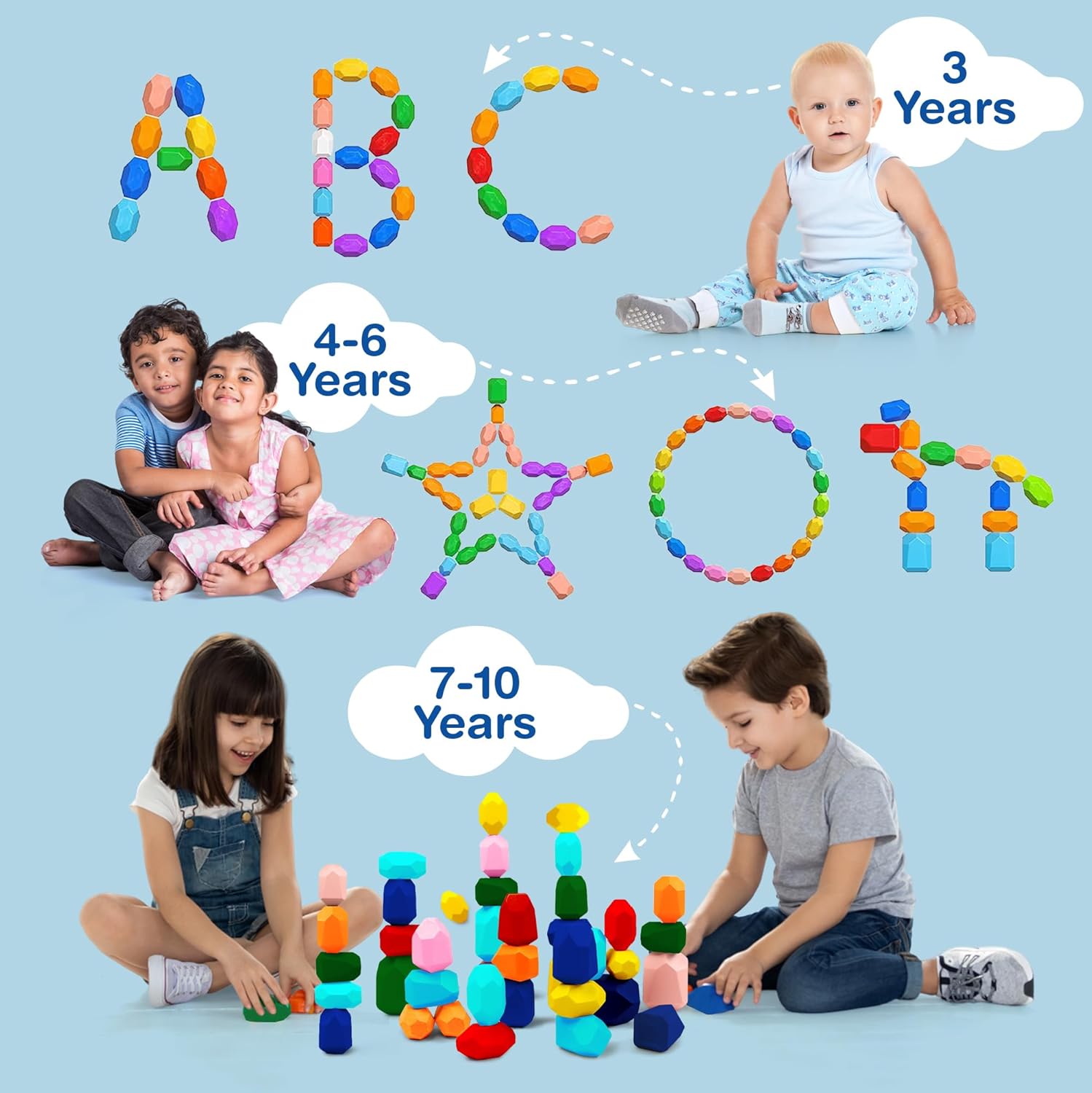 Kids ages 3 to 10 arranging wooden stacking stones into letters, shapes, and towers by developmental stage