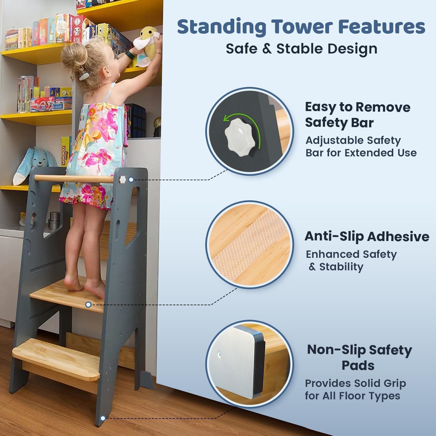Toddler reaching yellow bookshelf on anthracite Montessori Learning Tower with anti-slip strips and non-slip floor pads