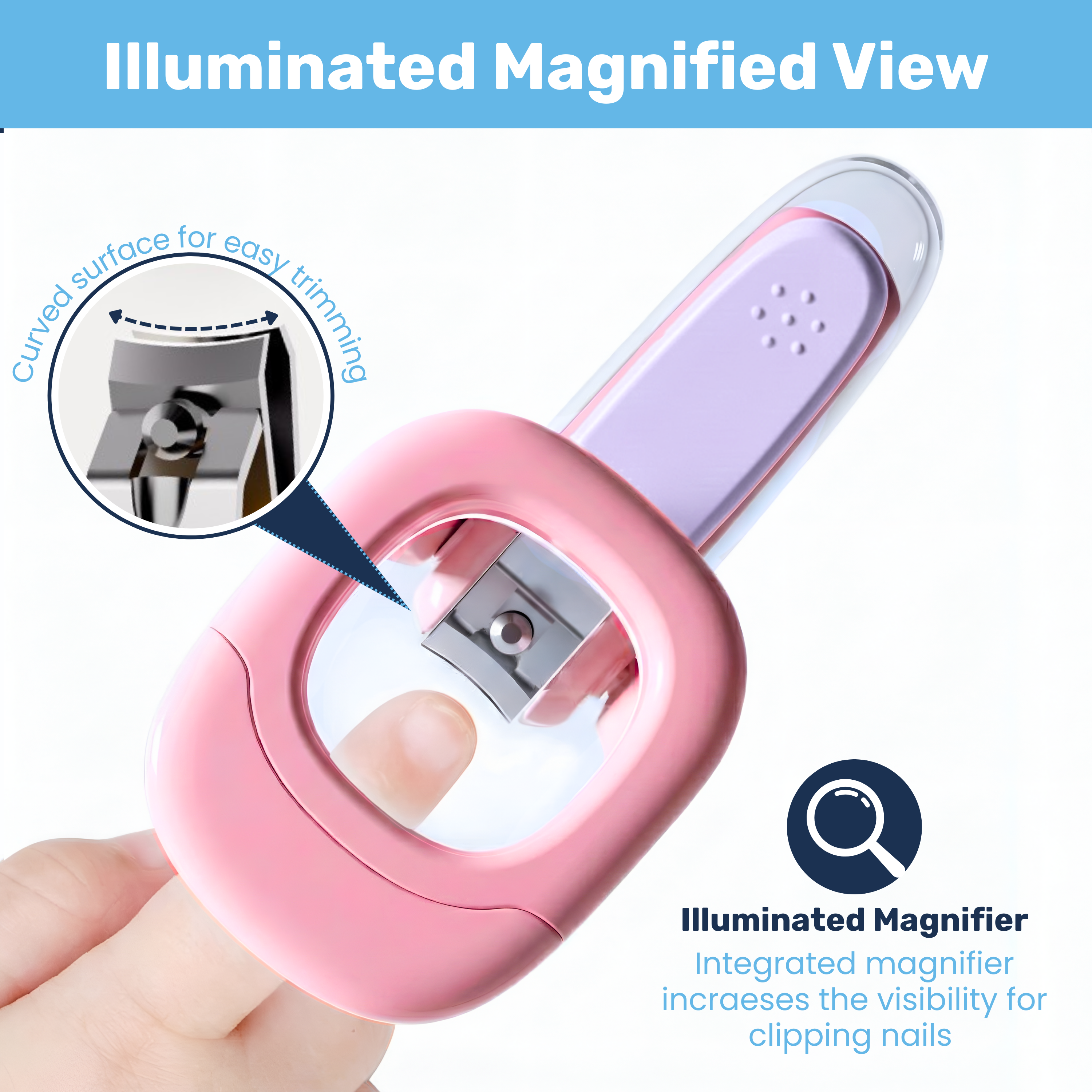 Illuminated magnifier baby nail clipper held in hand, inset callout shows curved blade trimming fingernail