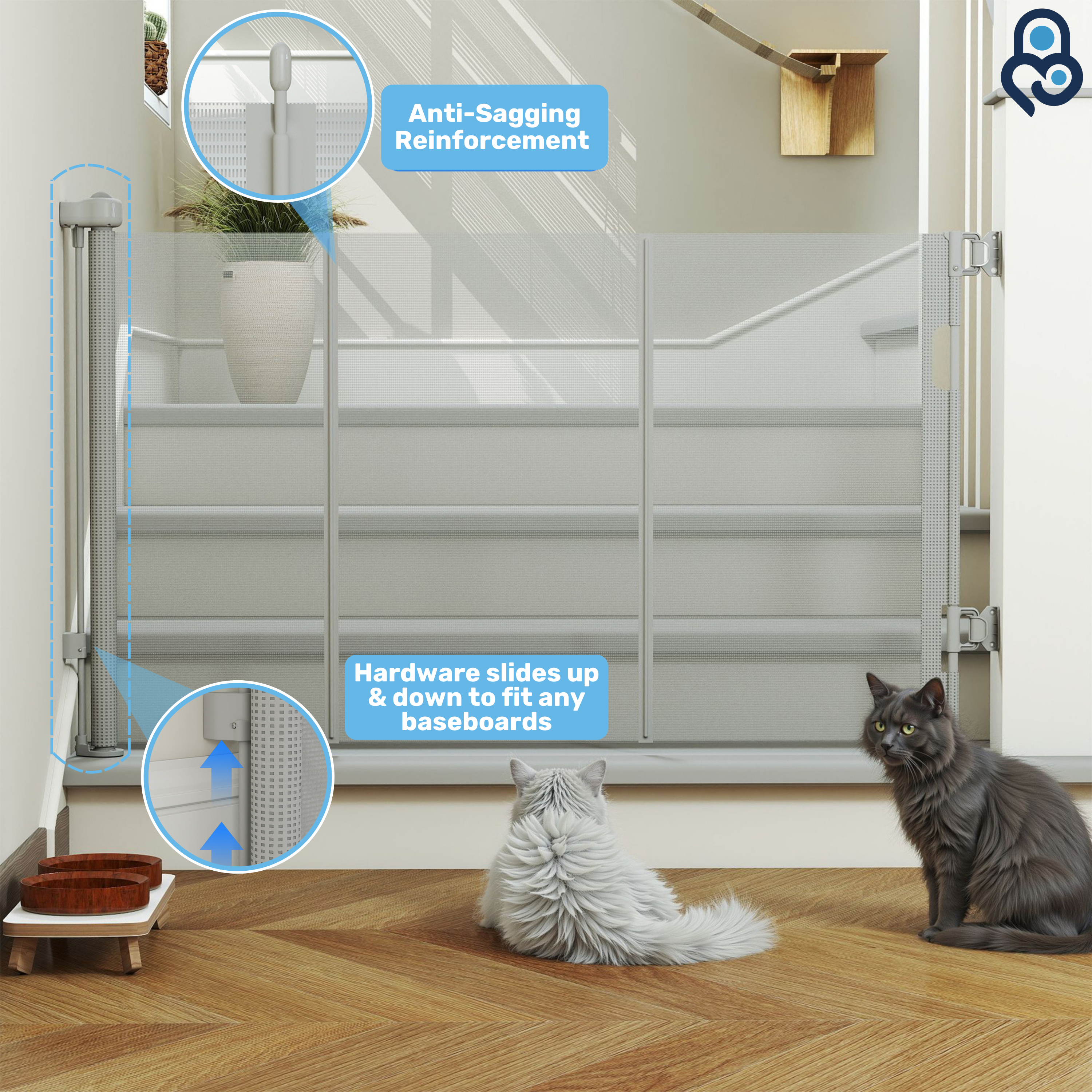 Two cats beside grey retractable mesh baby gate with anti-sagging reinforcement and adjustable baseboard hardware