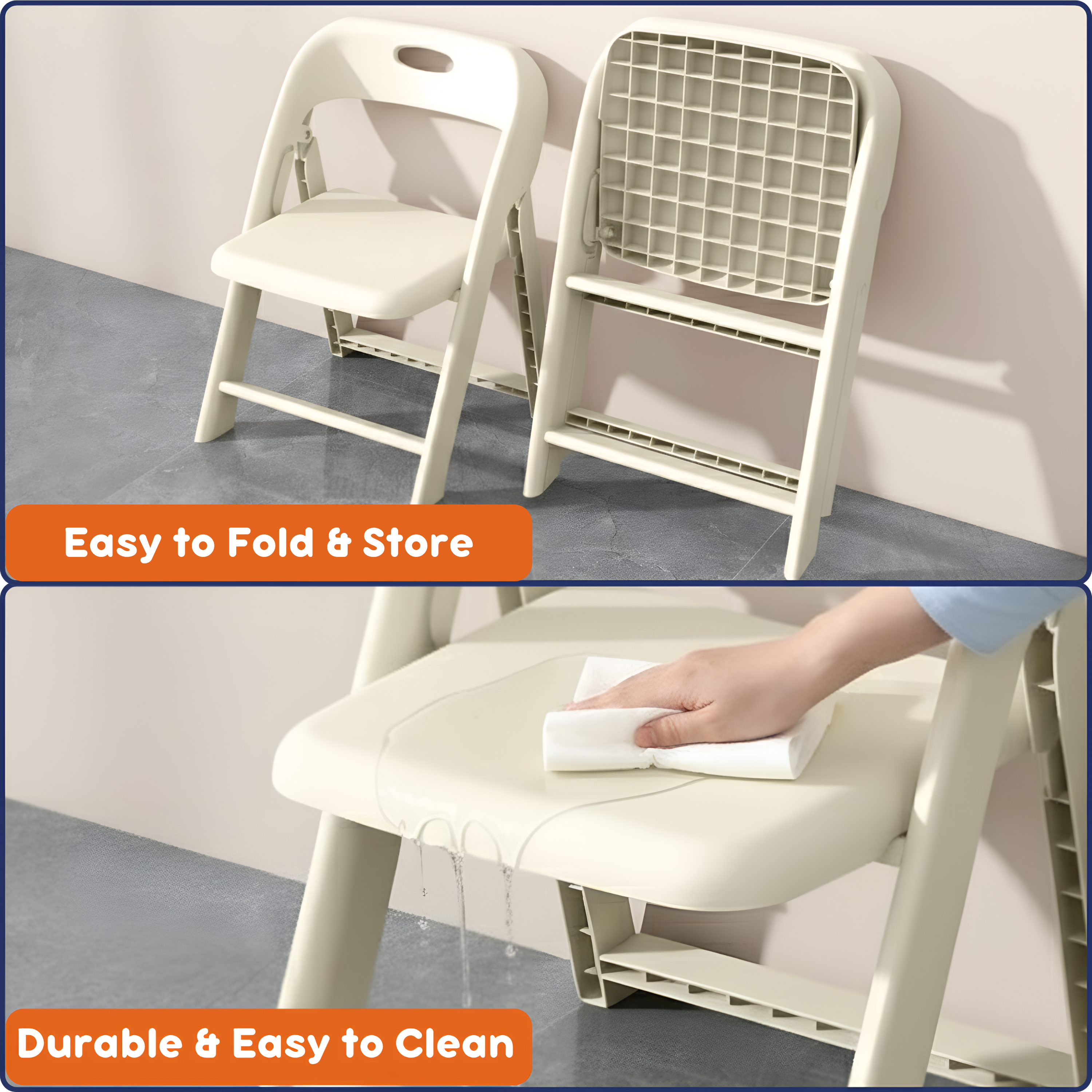 Parent wiping kids folding chair seat with cloth as water drips off, open and folded views above