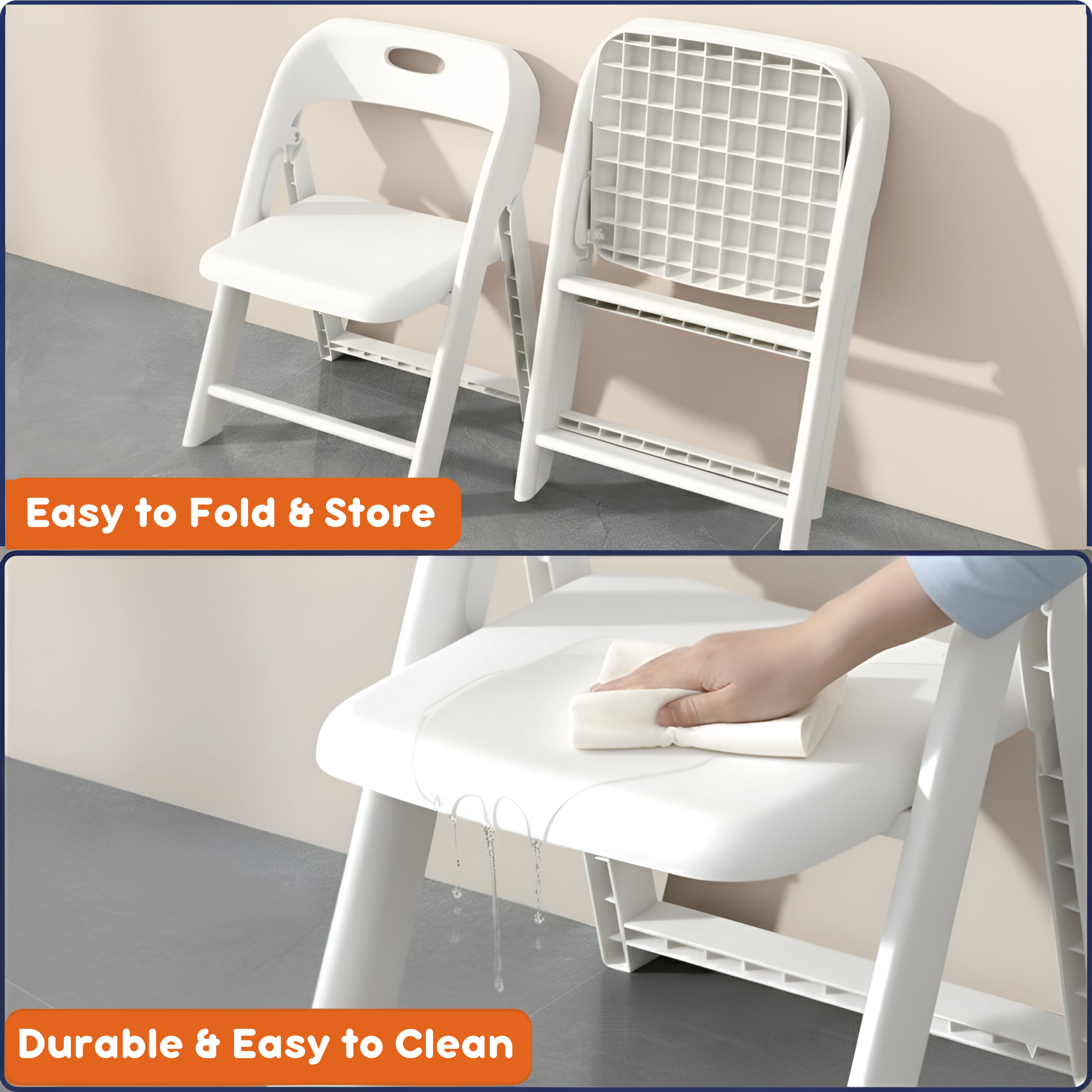 Two white kids folding chairs open and folded flat beside parent wiping seat clean with damp cloth